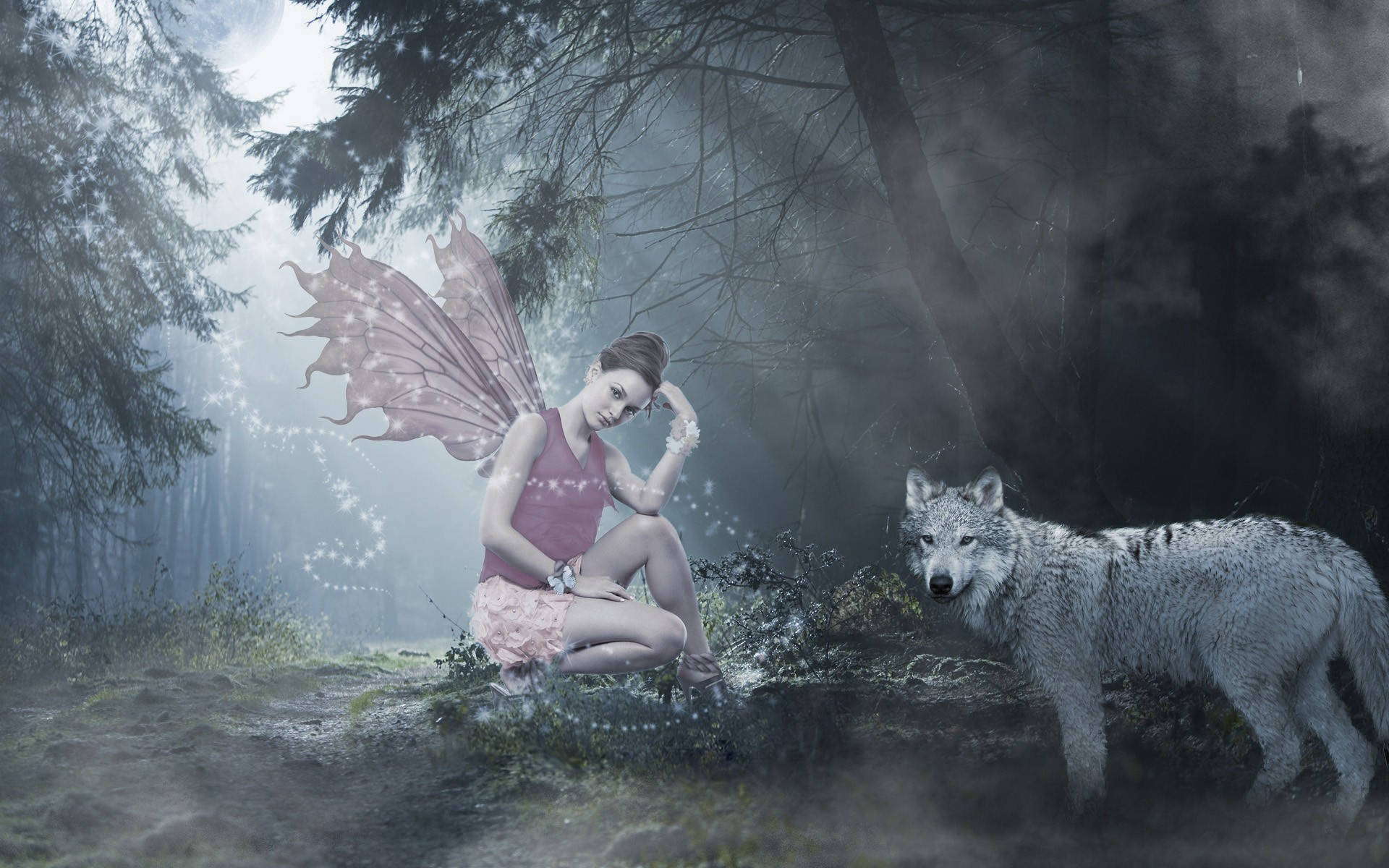 fairy, wolf, enchanted forest, Full HD Desktop Wallpaper