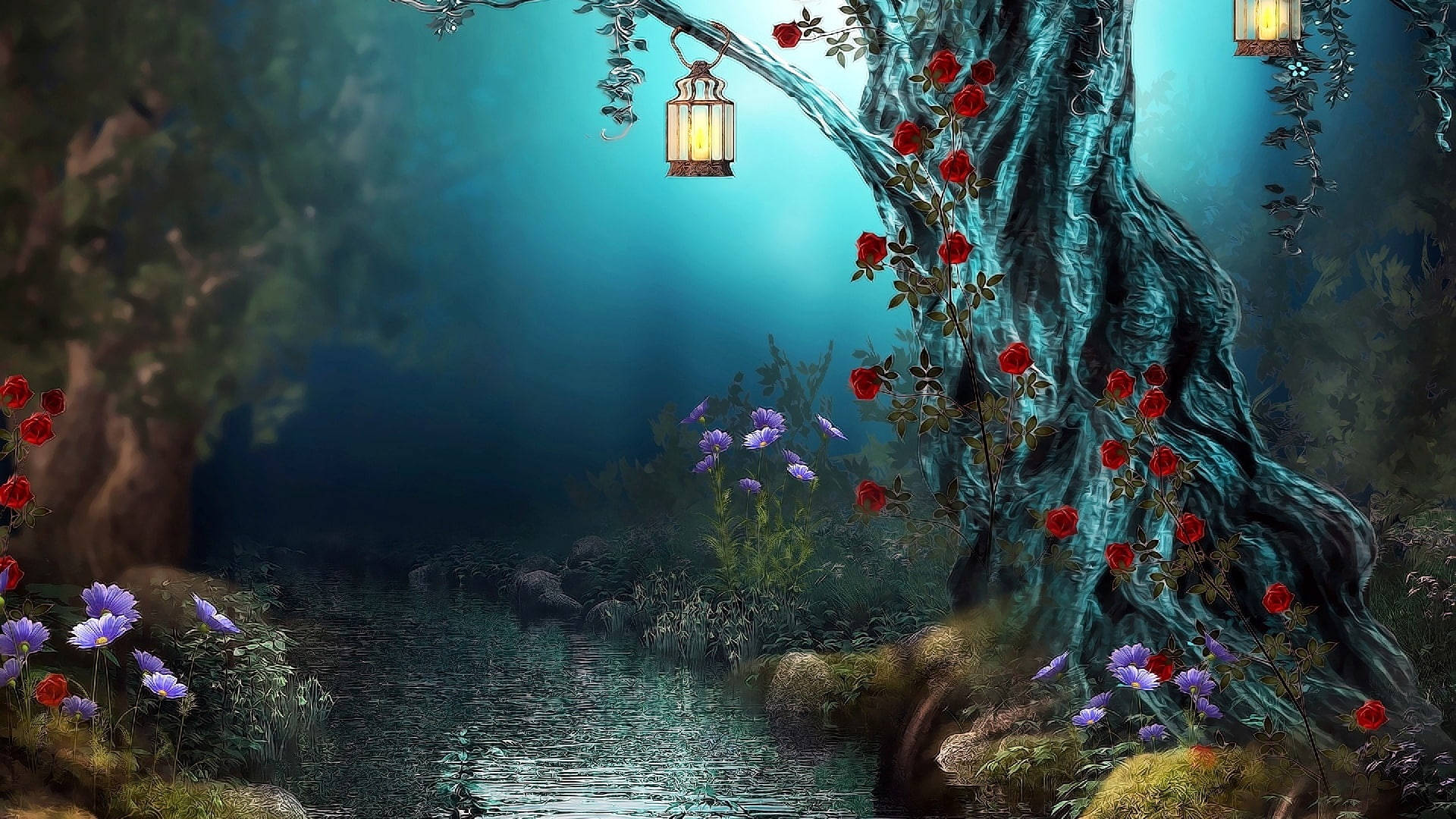 blue enchanted forest riverbank, colossal ancient tree, glowing lanterns, Full HD Desktop Wallpaper