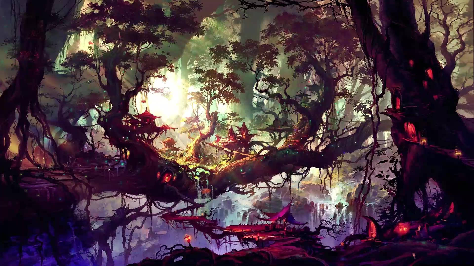 enchanted forest village, dusk, glowing red lanterns, Full HD Desktop Wallpaper