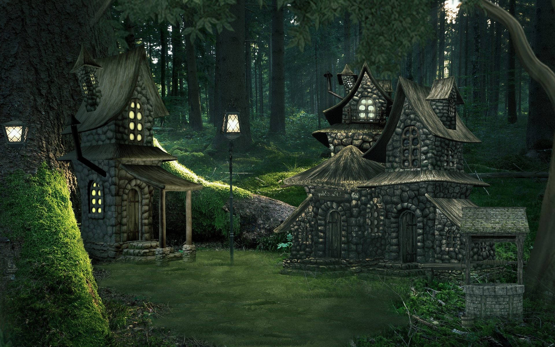 Enchanted Forest, stone cottages, mossy stone, Full HD Desktop Wallpaper