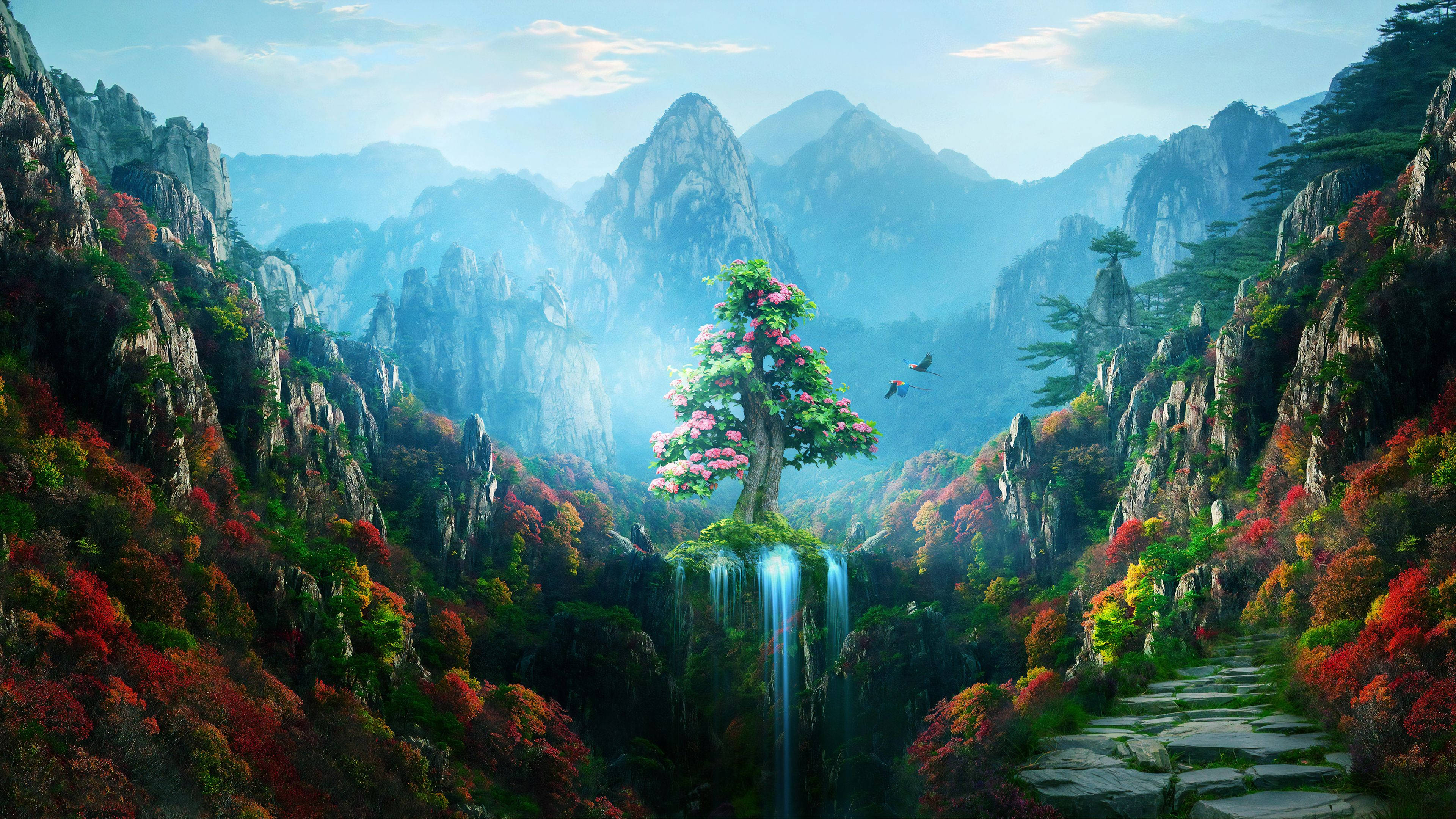 colorful tree, enchanted forest, pink blossoms, 4K Desktop Wallpaper