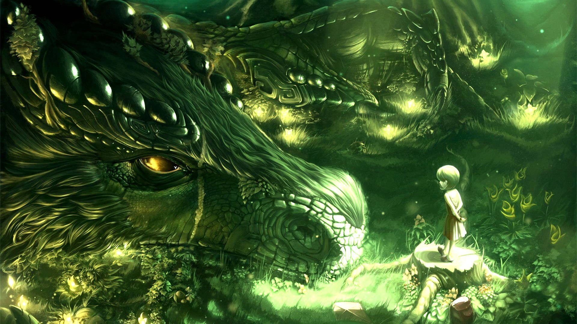enchanted forest, green dragon, bioluminescent flora, Full HD Desktop Wallpaper
