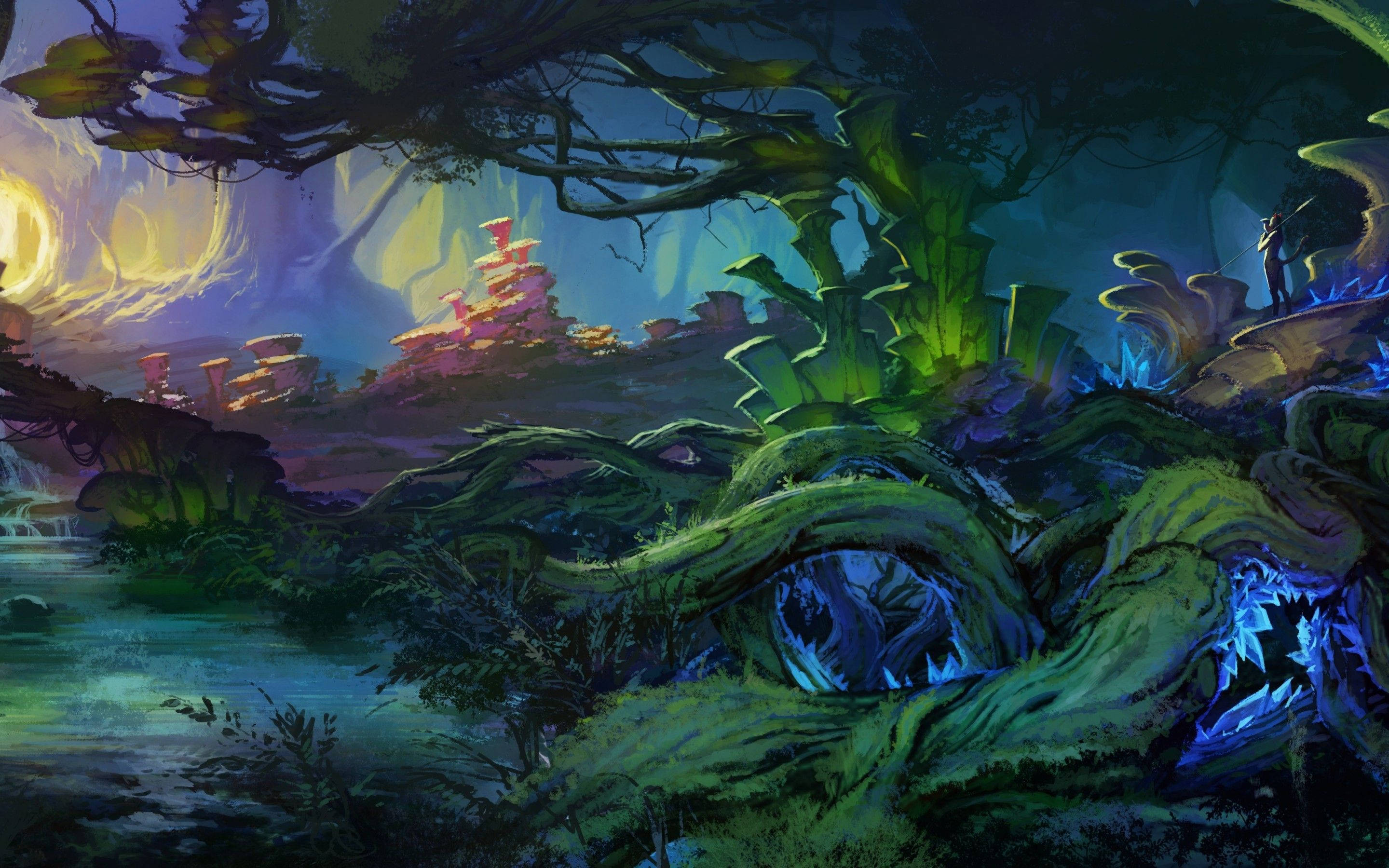 dark enchanted forest, glowing blue roots, distant glowing city, 2K Desktop Wallpaper