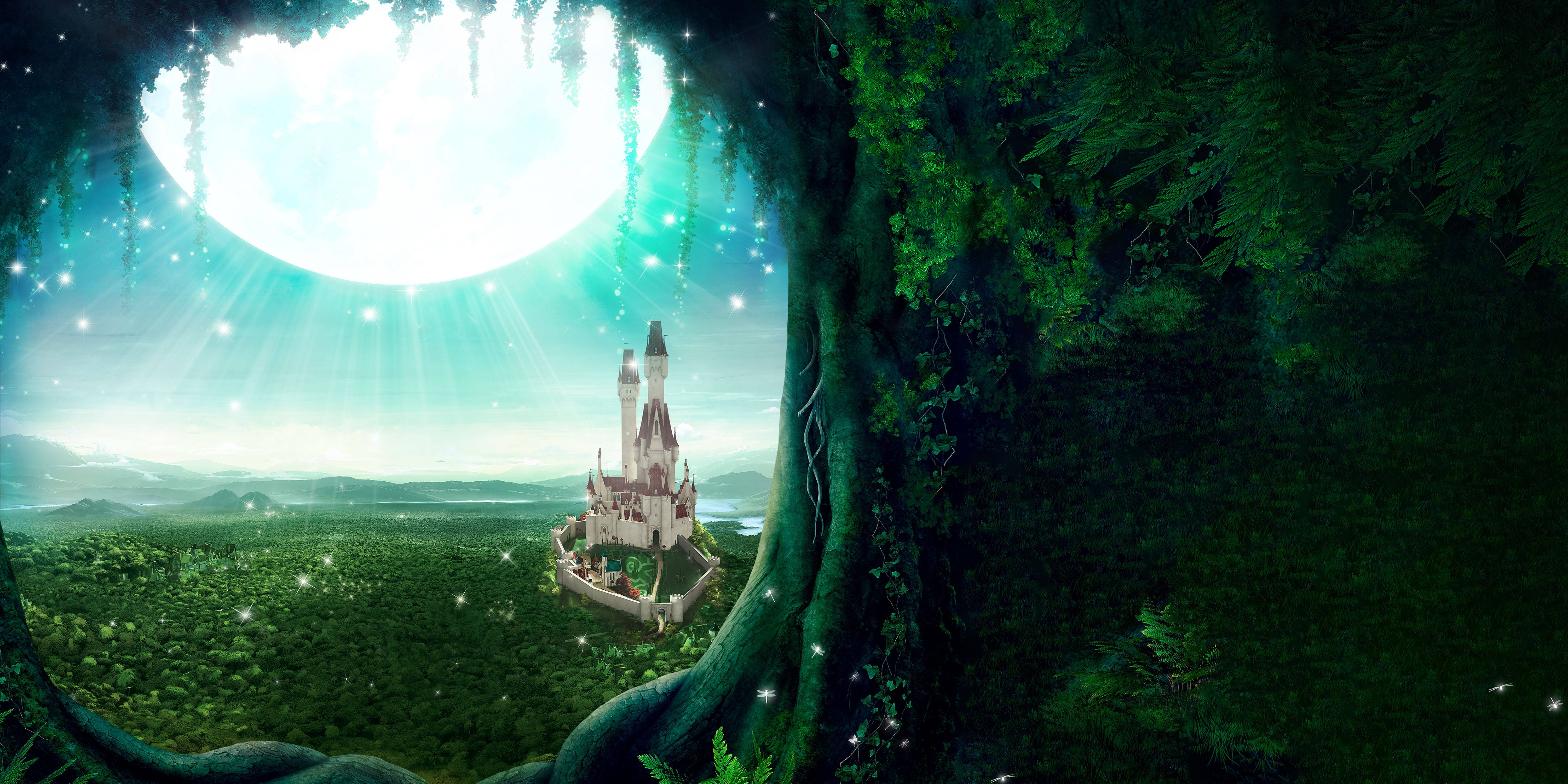 enchanted forest, castle, lush green valley, 5K Desktop Wallpaper