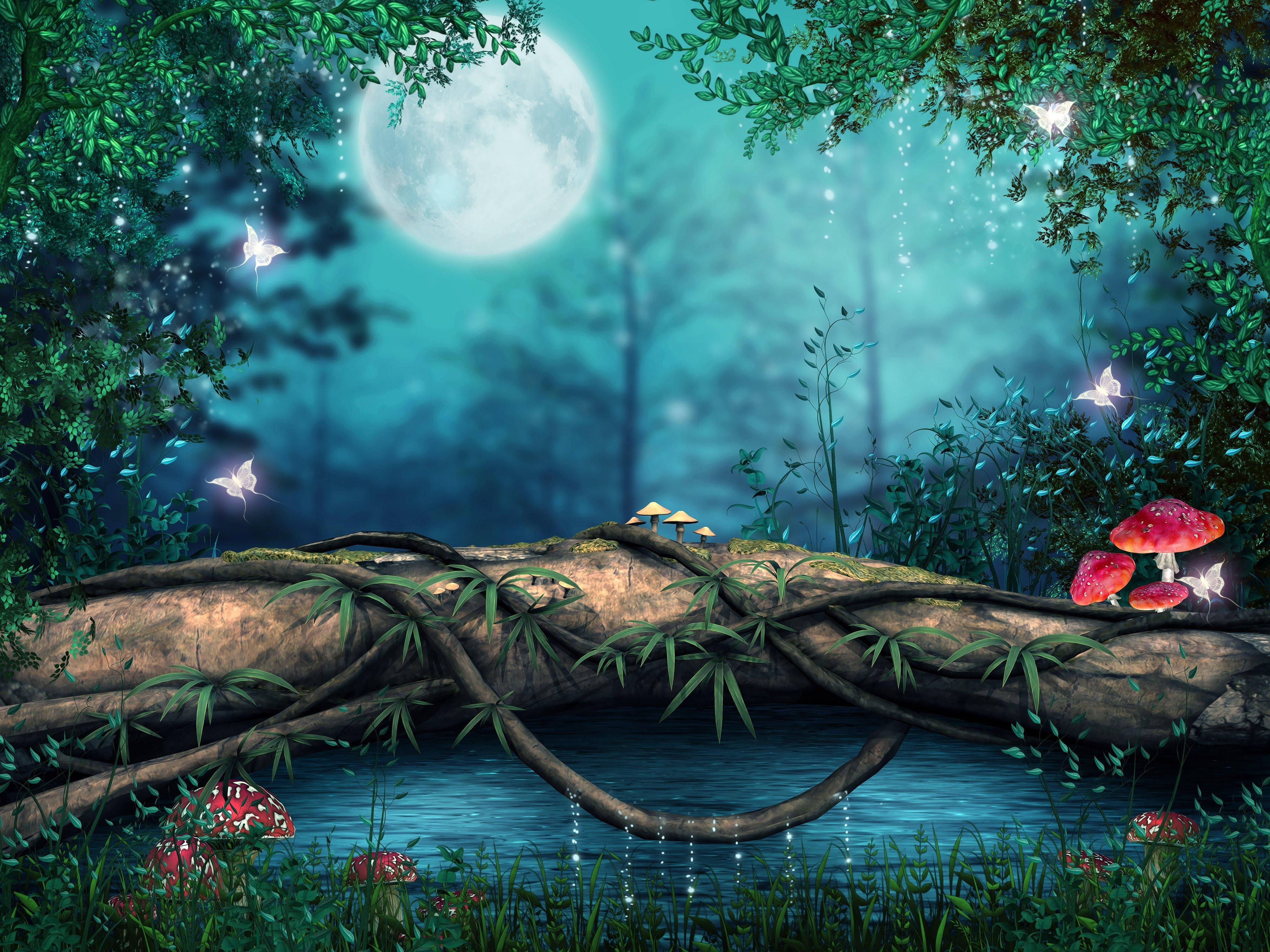 Enchanted Forest, mossy log, glowing mushrooms, 4K Desktop Wallpaper