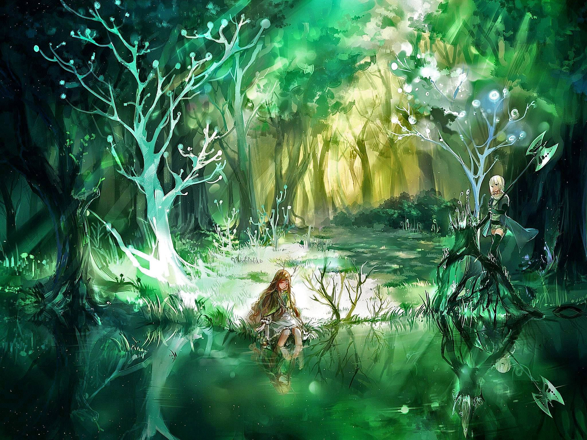 Enchanted Forest, mystical green forest, glowing trees, Full HD Desktop Wallpaper