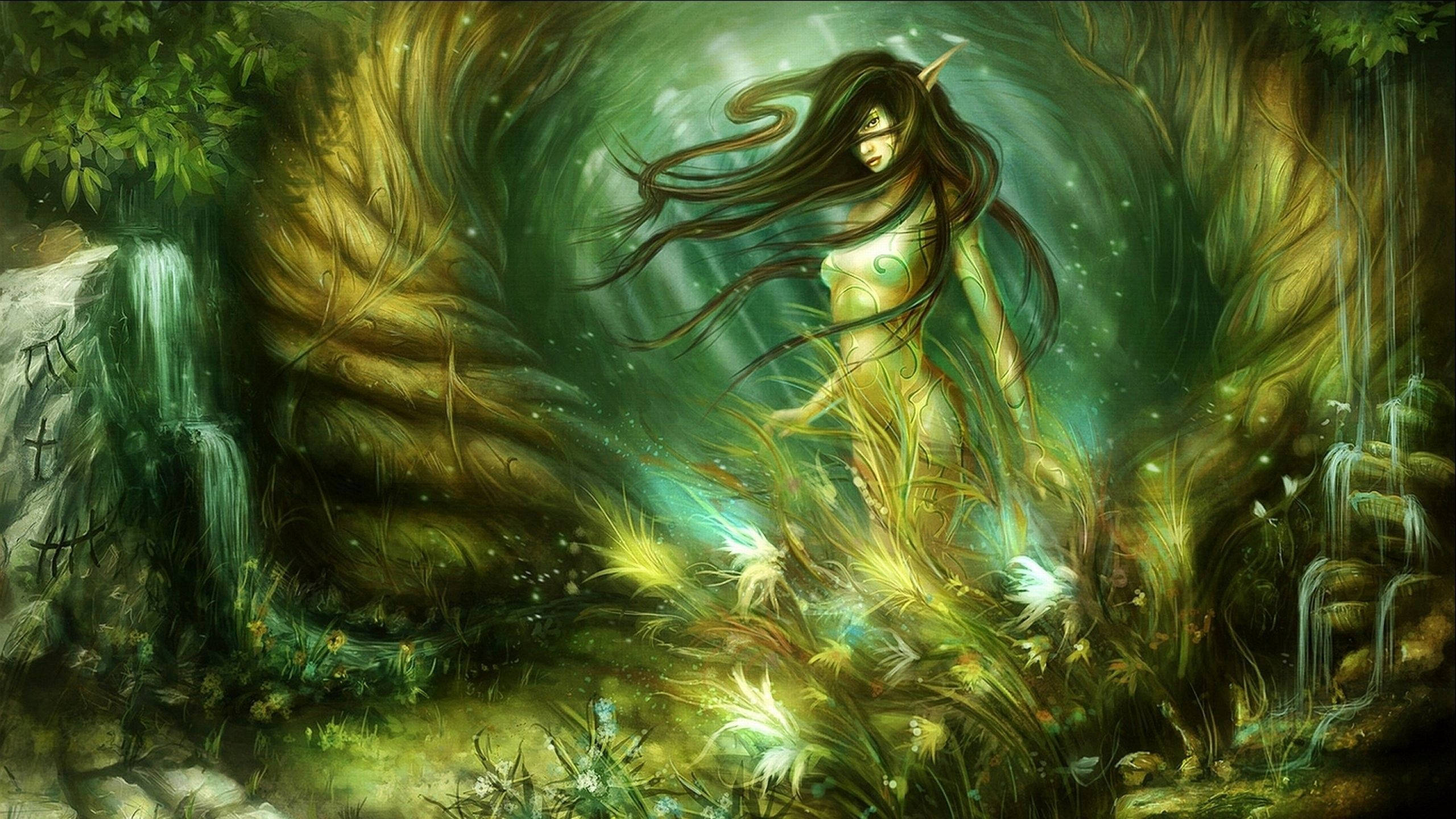 fairy, enchanted forest, glowing green skin, 2K Desktop Wallpaper