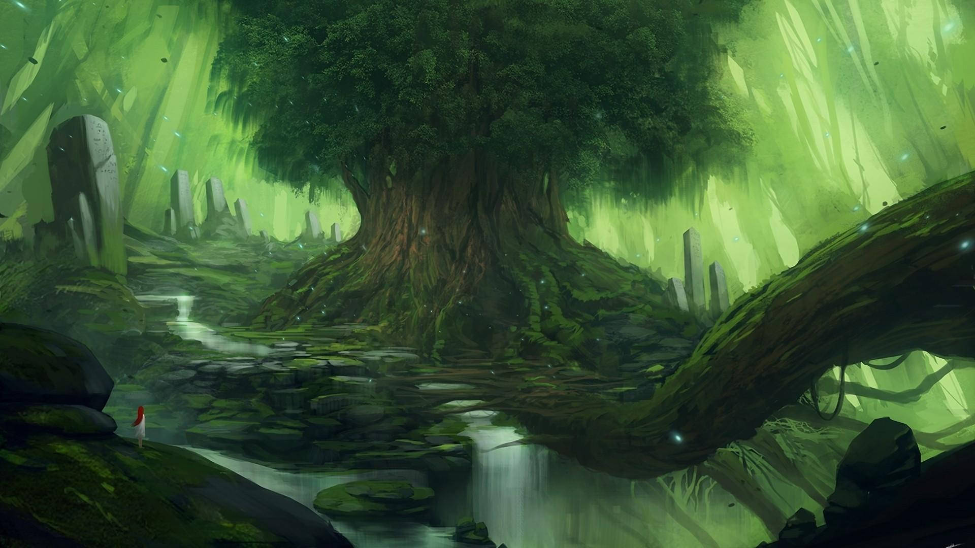 enchanted forest, colossal ancient tree, mossy stream, Full HD Desktop Wallpaper