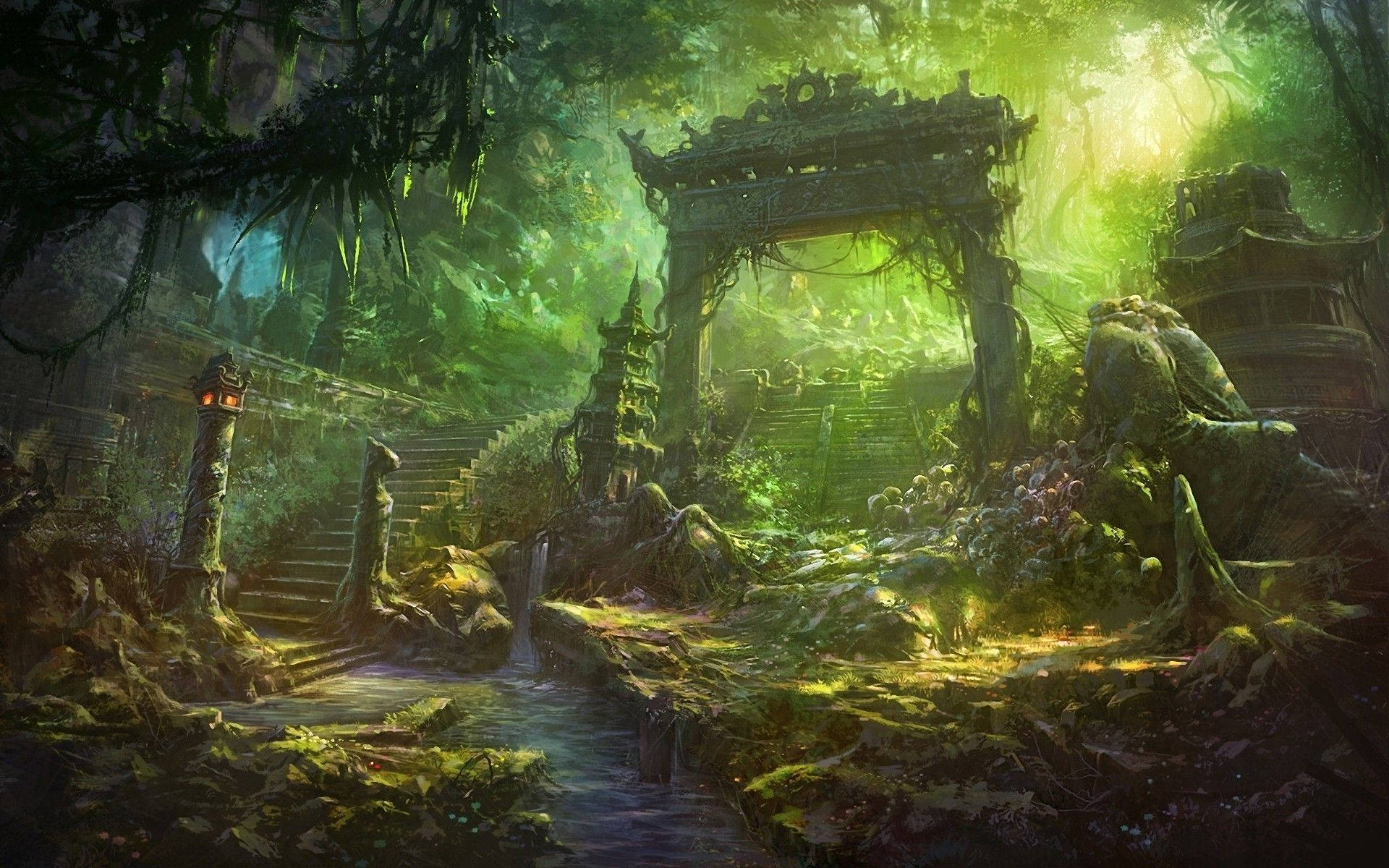 ruins forest, ancient stone temple ruins, lush greenery, Full HD Desktop Wallpaper