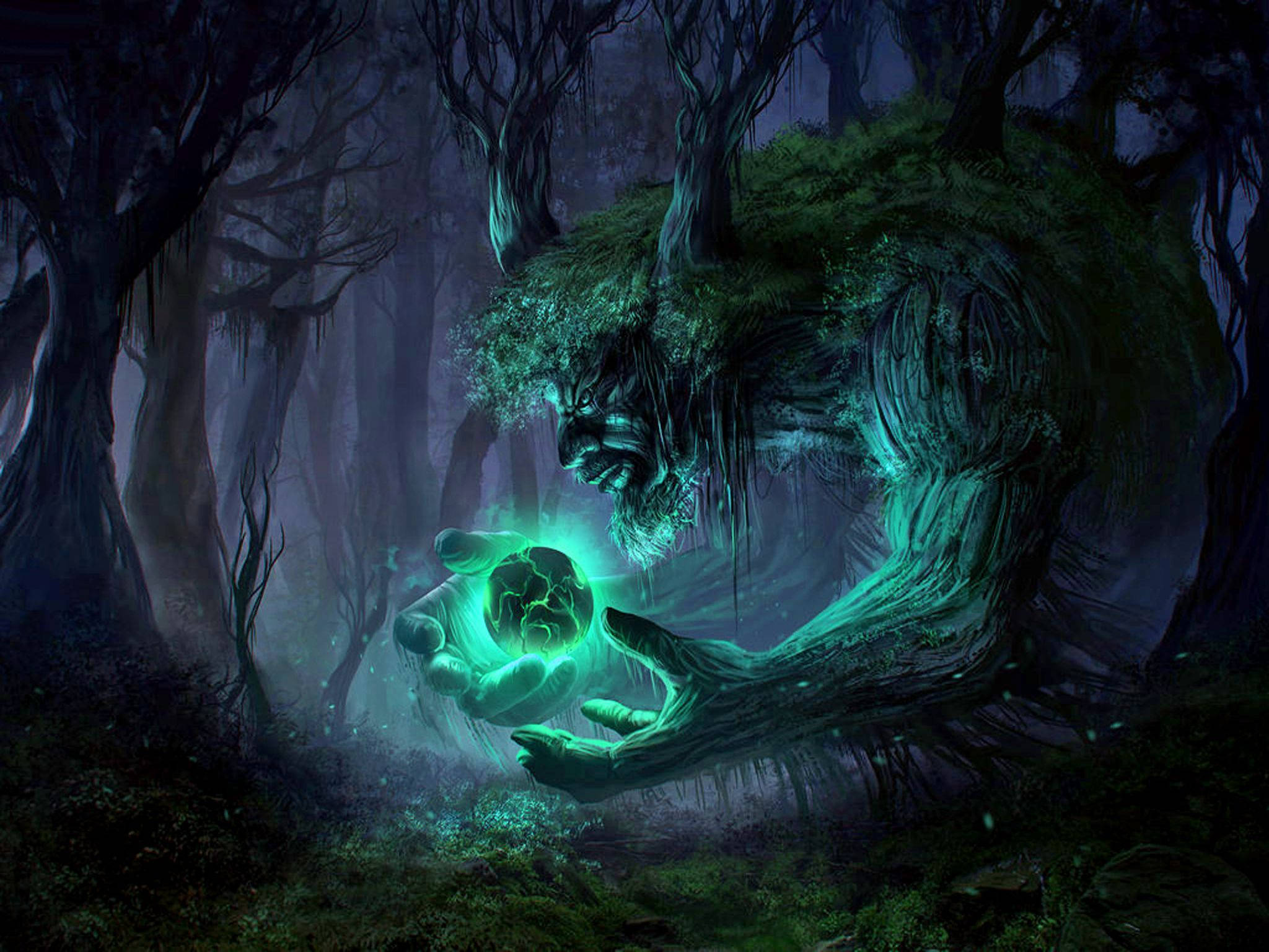 enchanted forest, nature spirit, glowing green, Full HD Desktop Wallpaper