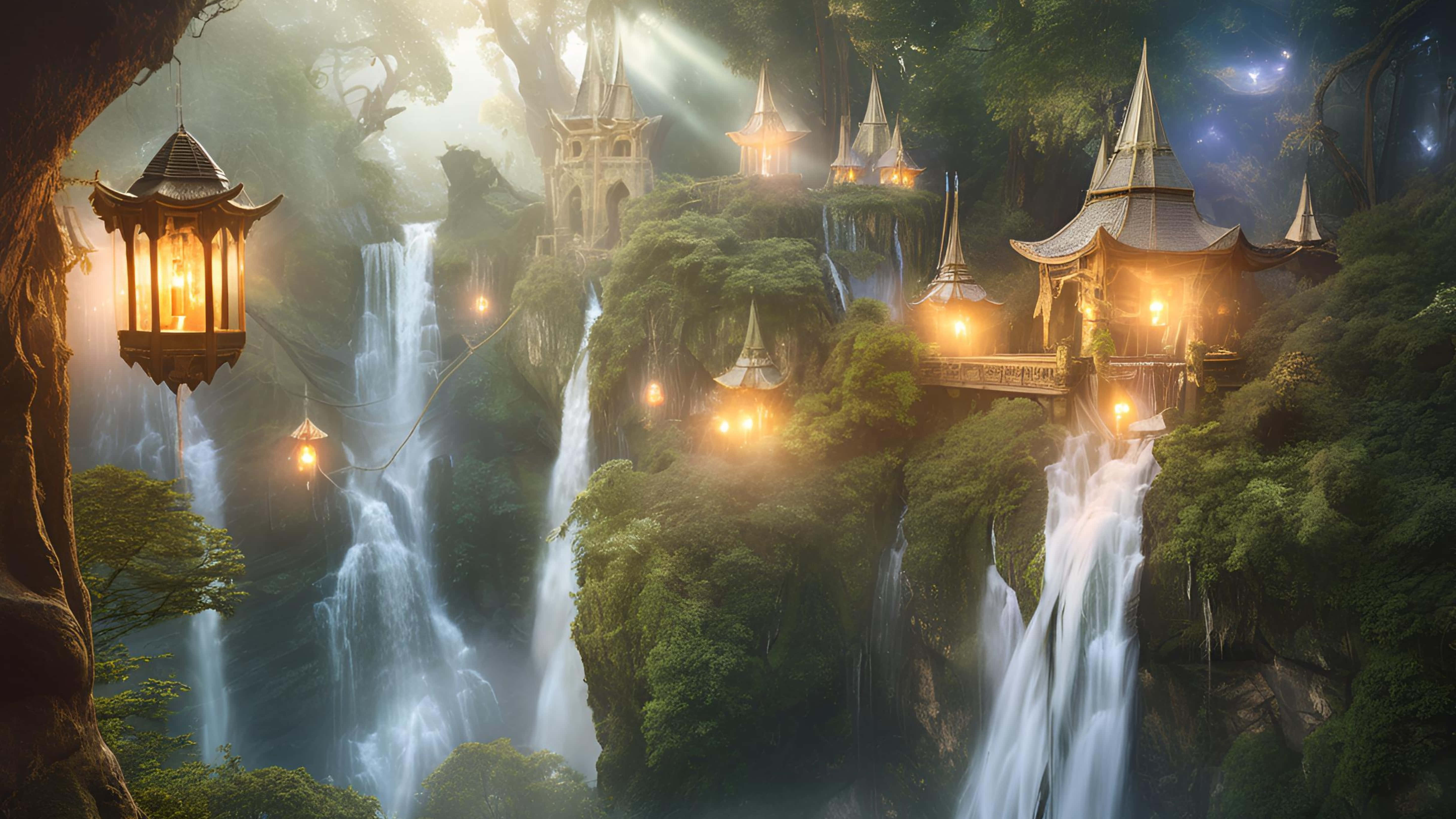 ancient elven forest kingdom, glowing lanterns, ancient stone towers, 5K Desktop Wallpaper