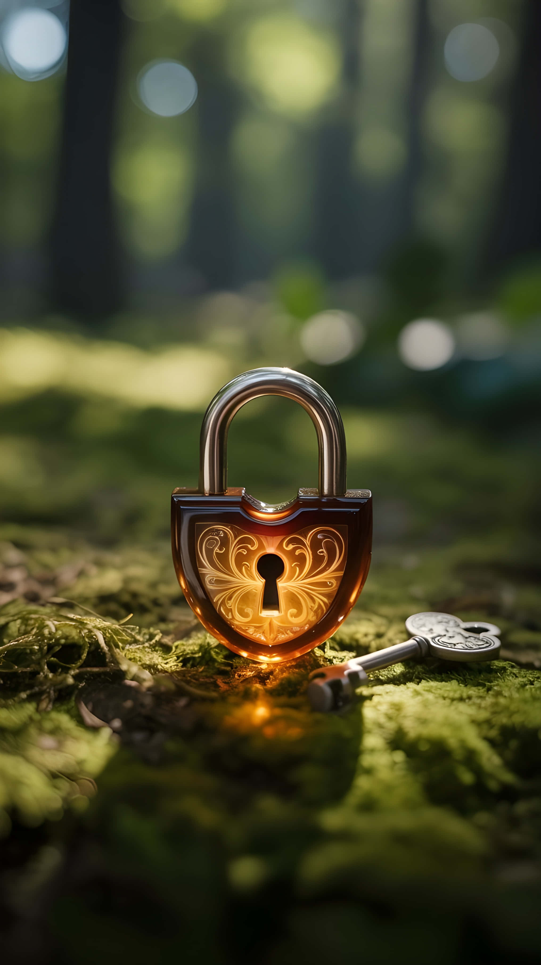 amber lock and key, glowing ornate padlock, key, 4K Phone Wallpaper