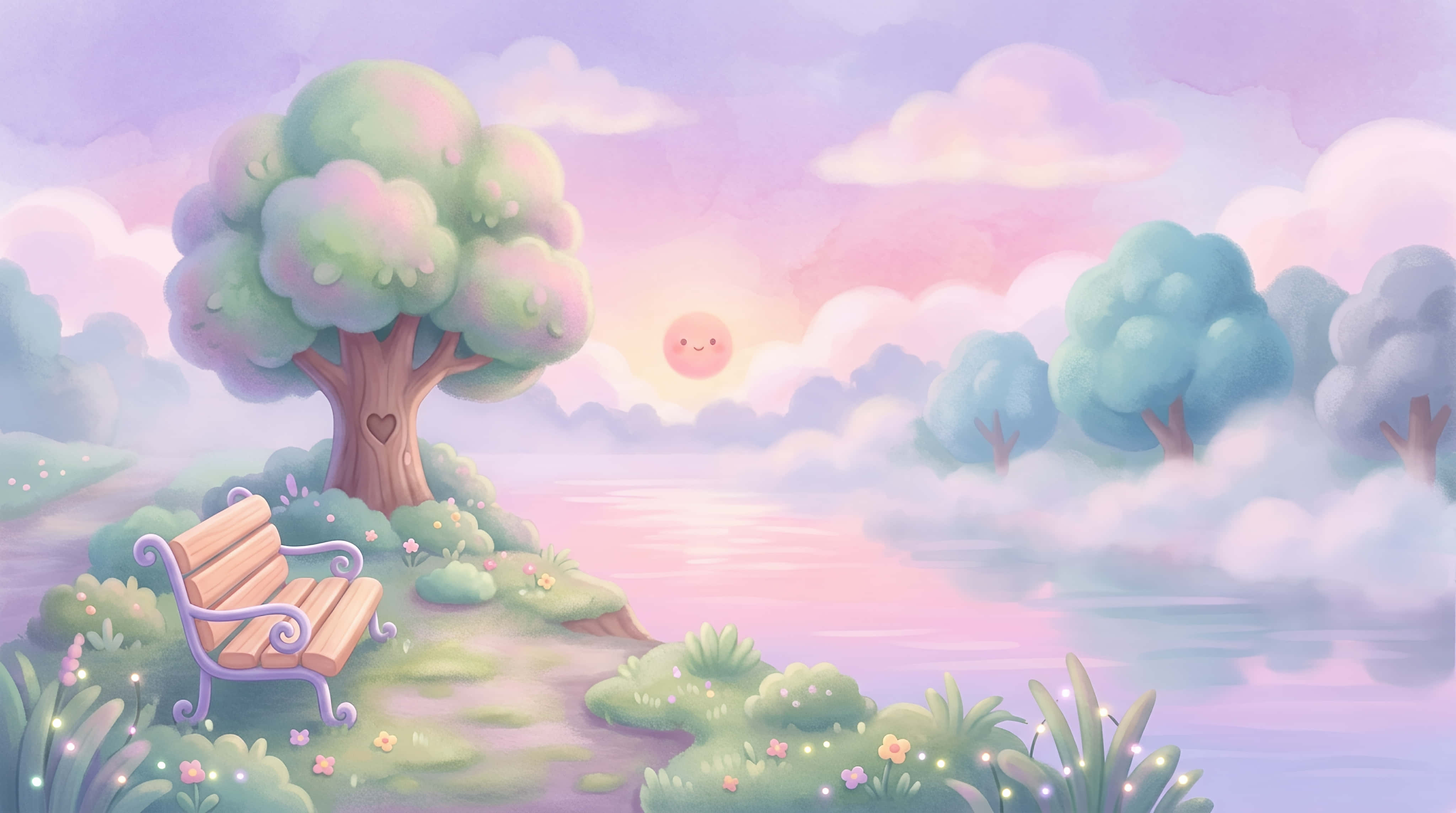 whimsical pastel lakeside, sunrise, dreamy lake, 4K Desktop Wallpaper