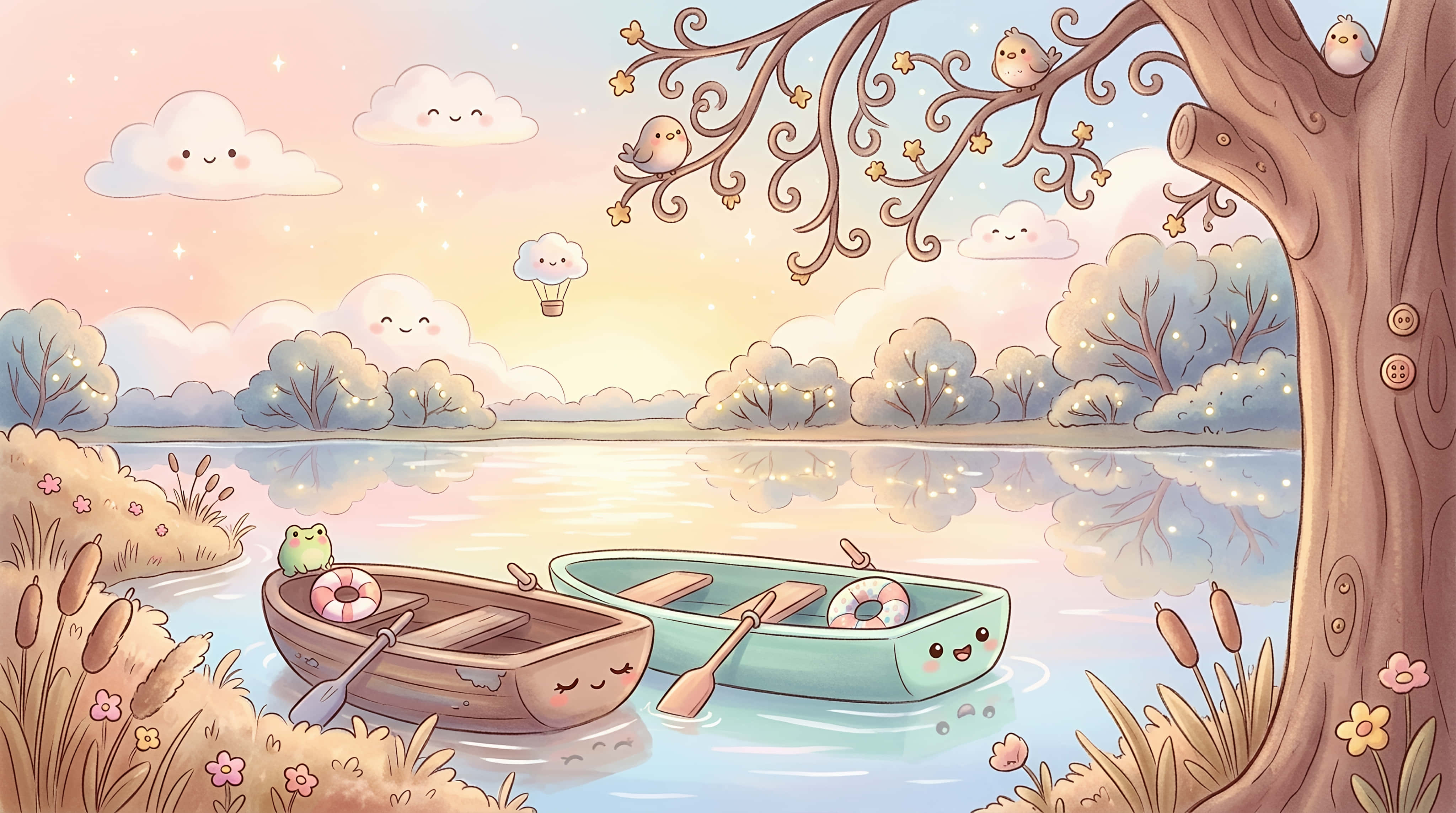 whimsical kawaii lakeside, sunset, cute boats, 4K Desktop Wallpaper