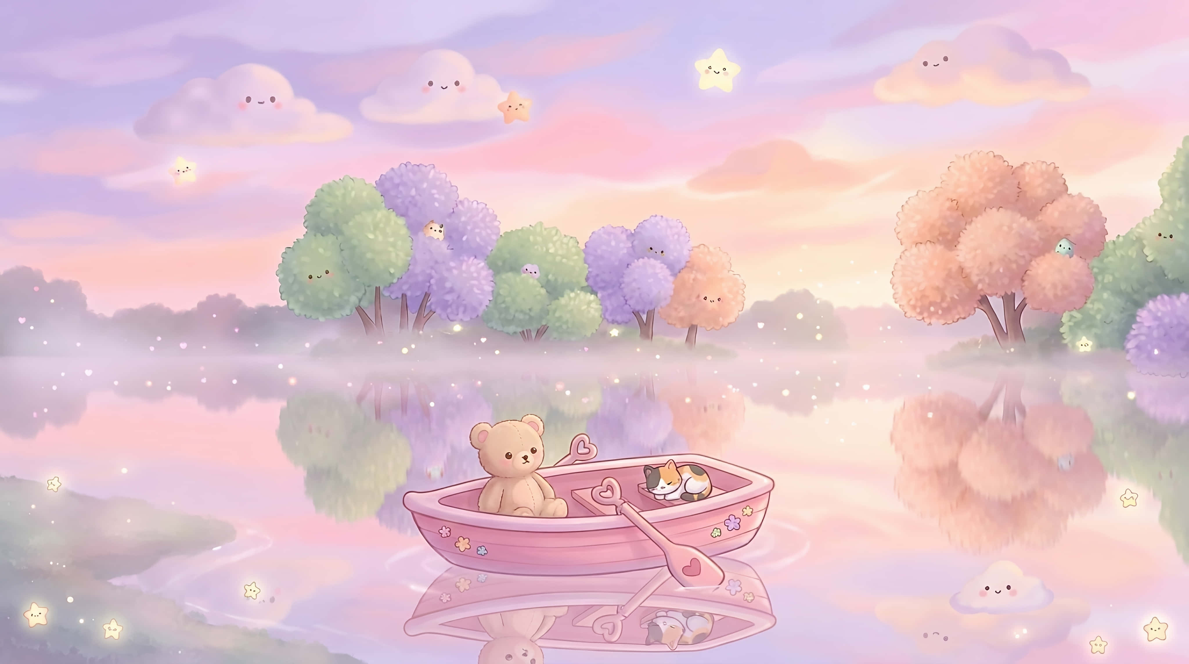 whimsical kawaii lake adventure, bear and cat, pink boat, 4K Desktop Wallpaper