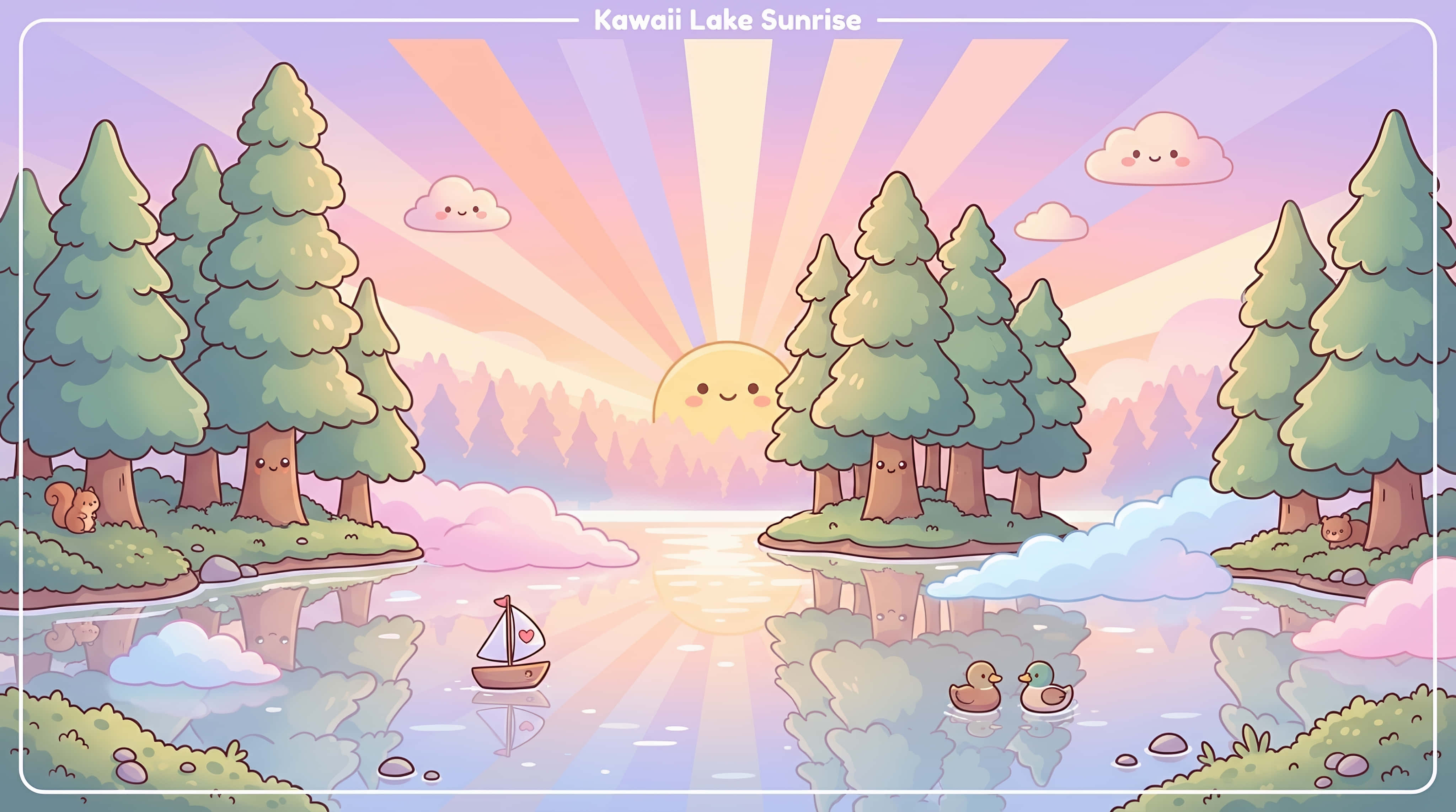 kawaii, sunrise, calm lake, 4K Desktop Wallpaper