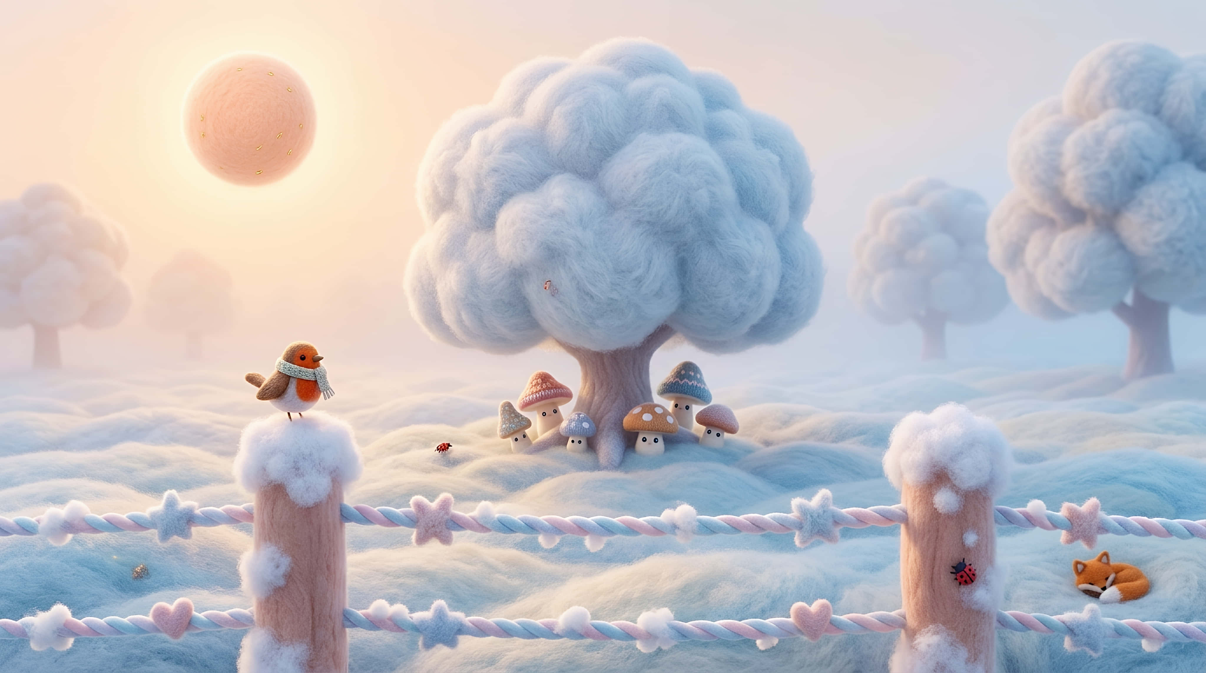 whimsical felted winter wonderland, cute robin, mushrooms, 4K Desktop Wallpaper
