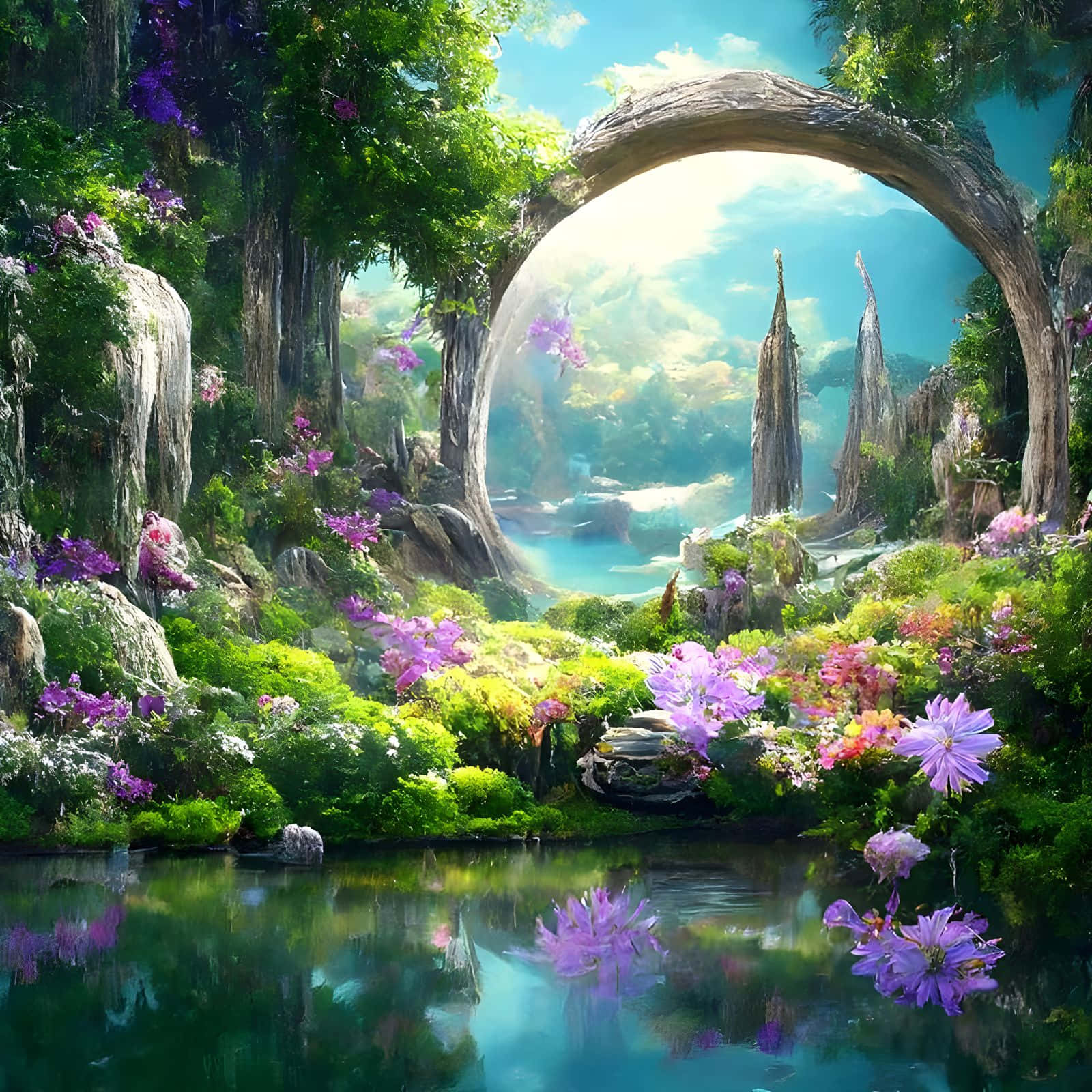 Coherent Lake Water, mystical forest arch, glowing turquoise lake, HD Desktop Wallpaper