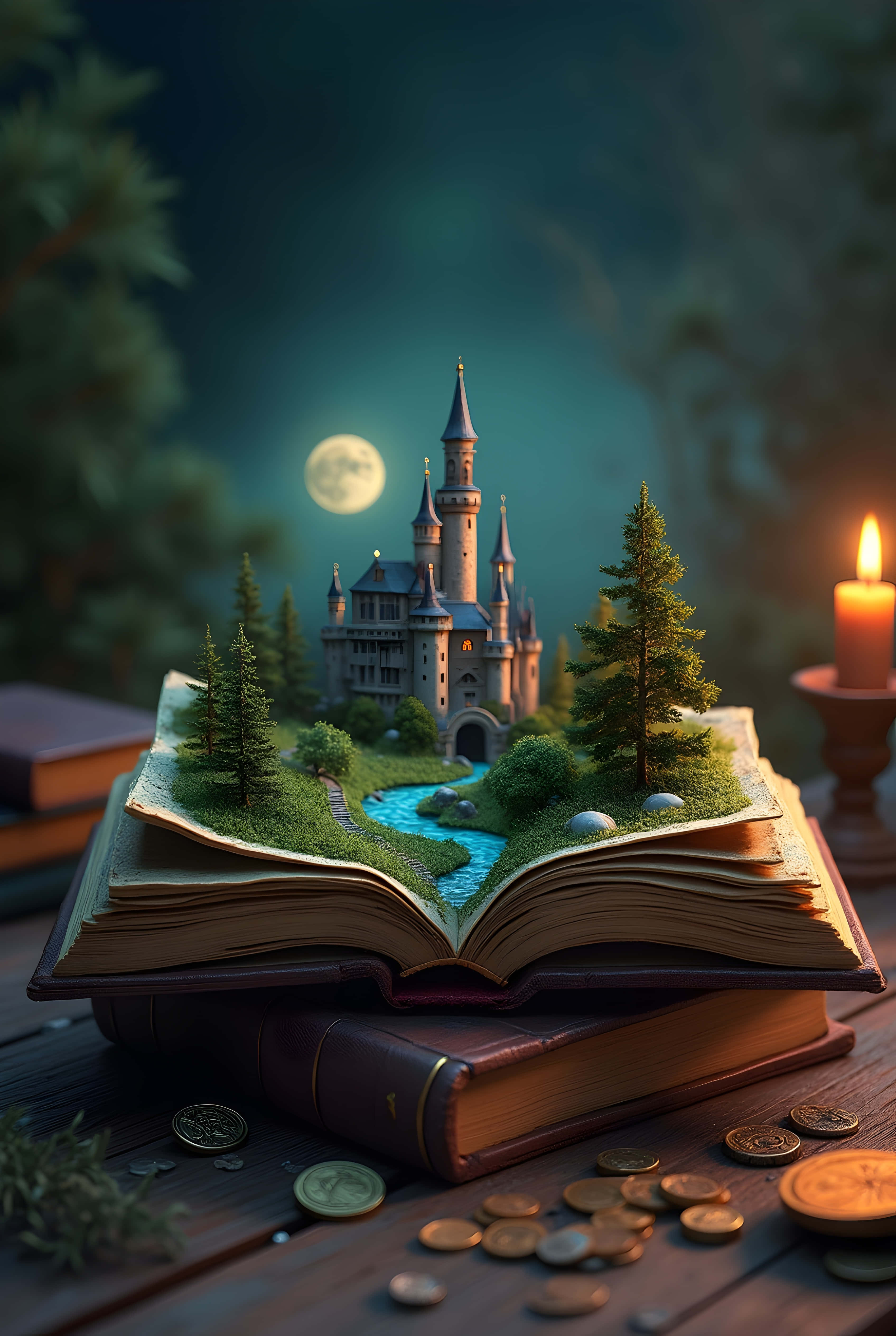 magical story book, miniature castle, winding river, 4K Phone Wallpaper