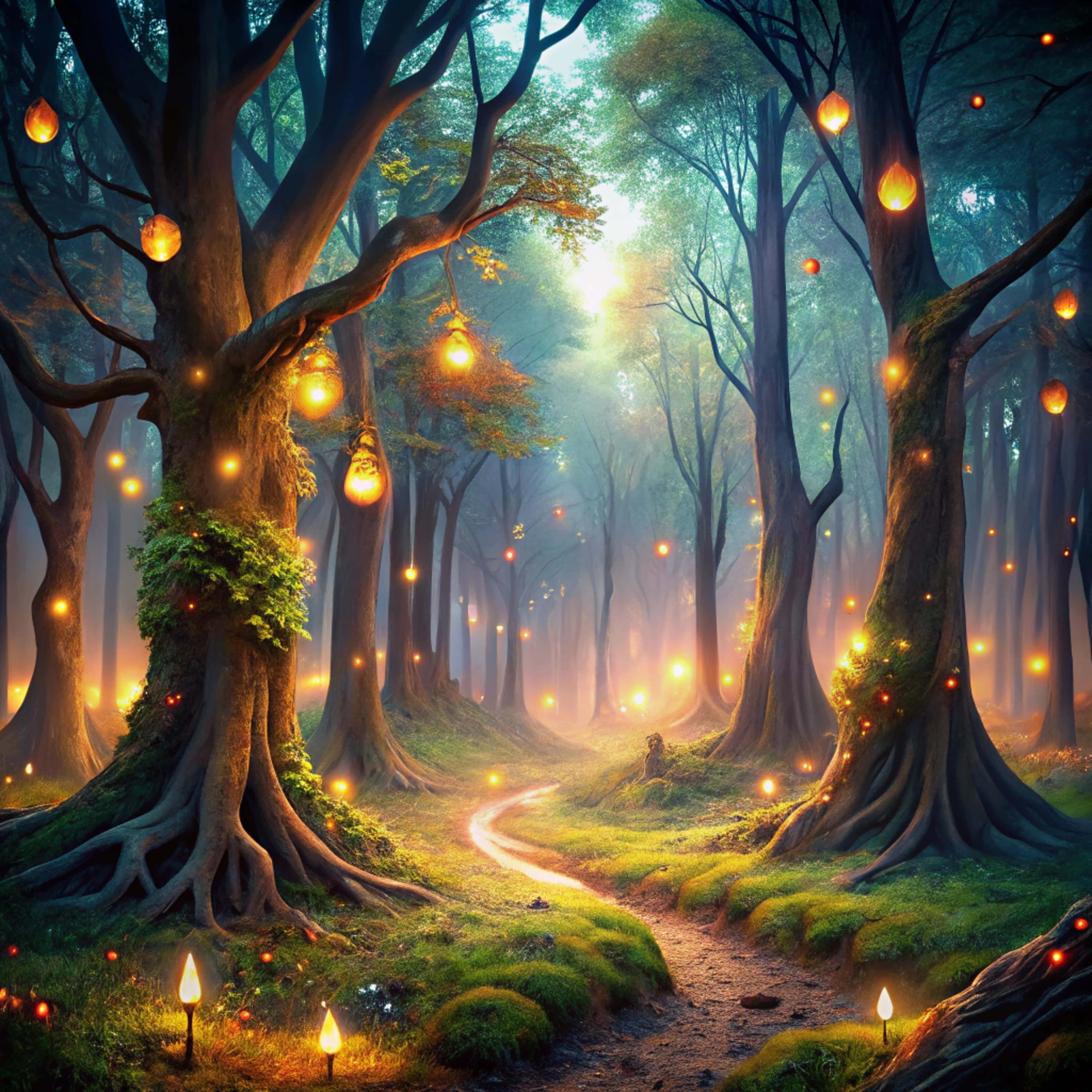 Enchanting forest, ancient trees, warm lanterns, 4K Desktop Wallpaper