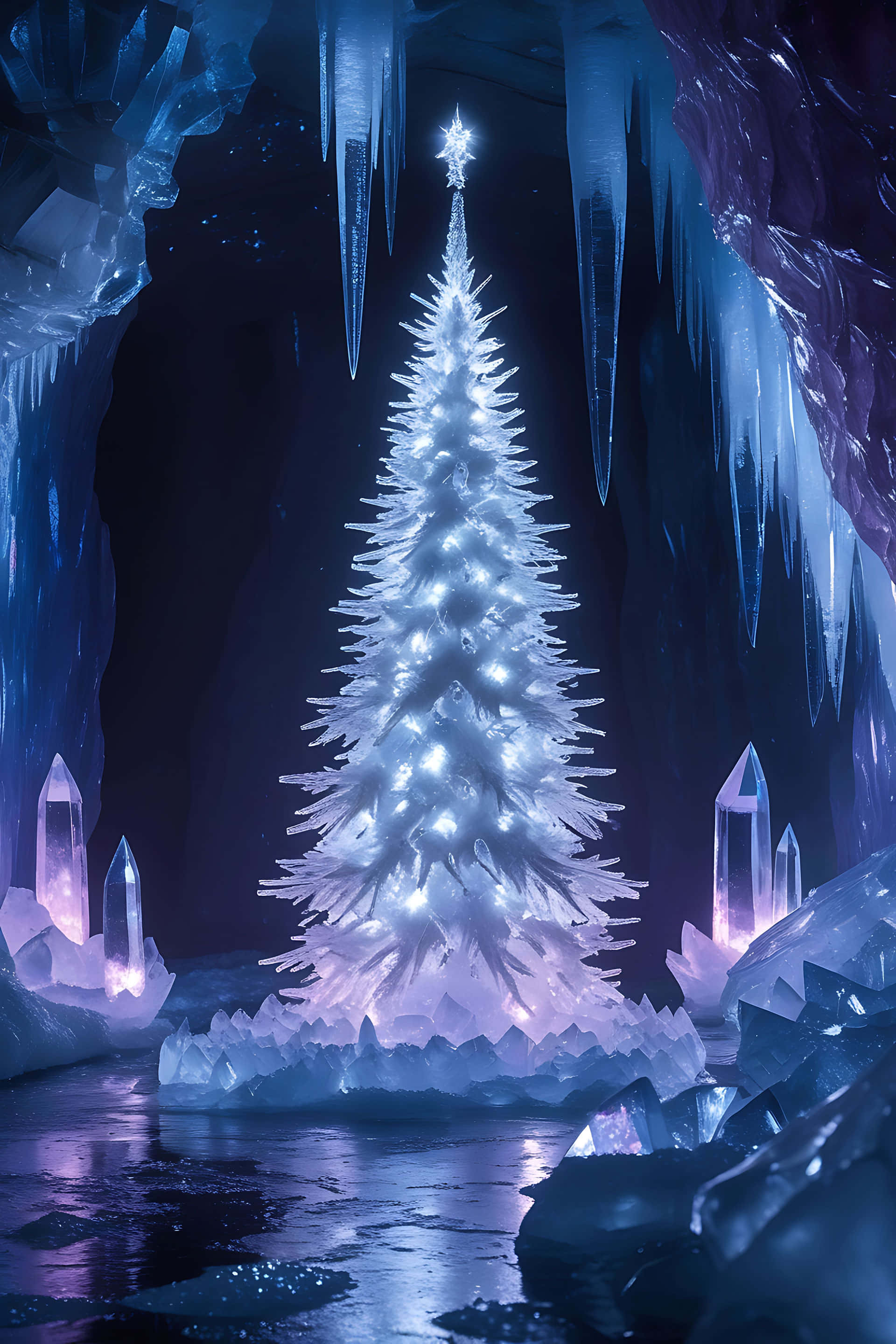 illuminated christmas tree, icy cavern, luminous ice Christmas tree, 2K Phone Wallpaper