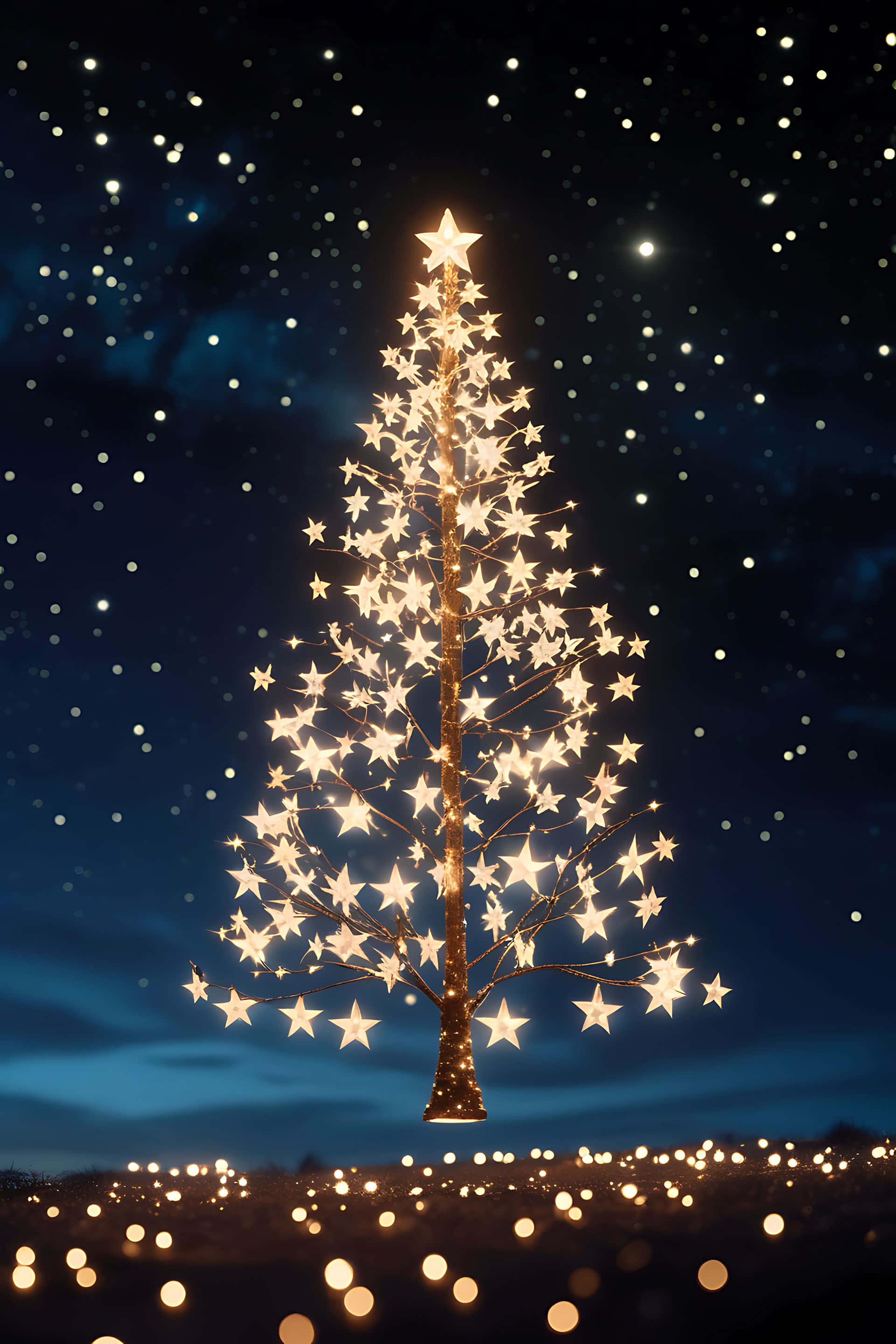 illuminated star tree, starry night sky, twinkling lights, 2K Phone Wallpaper