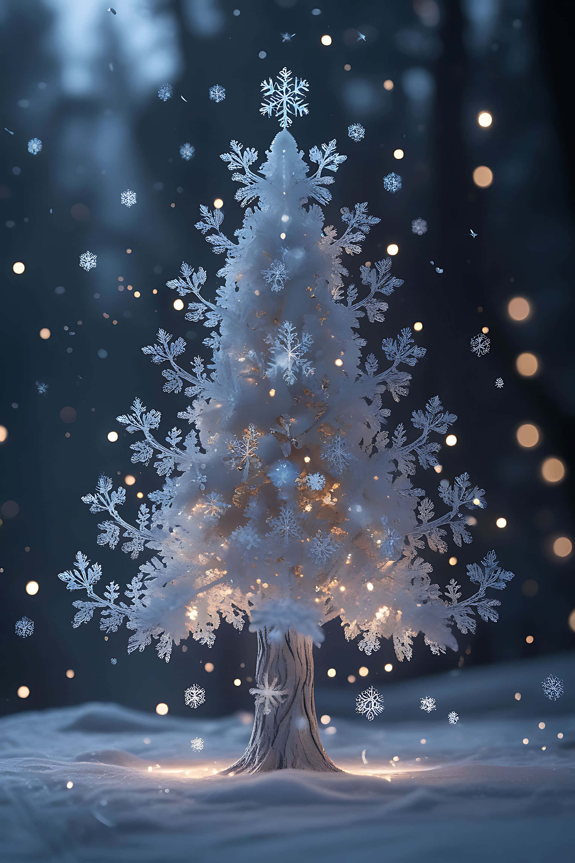 snowflake-adorned tree, dark blue snowy backdrop, floating snowflakes, 2K Phone Wallpaper