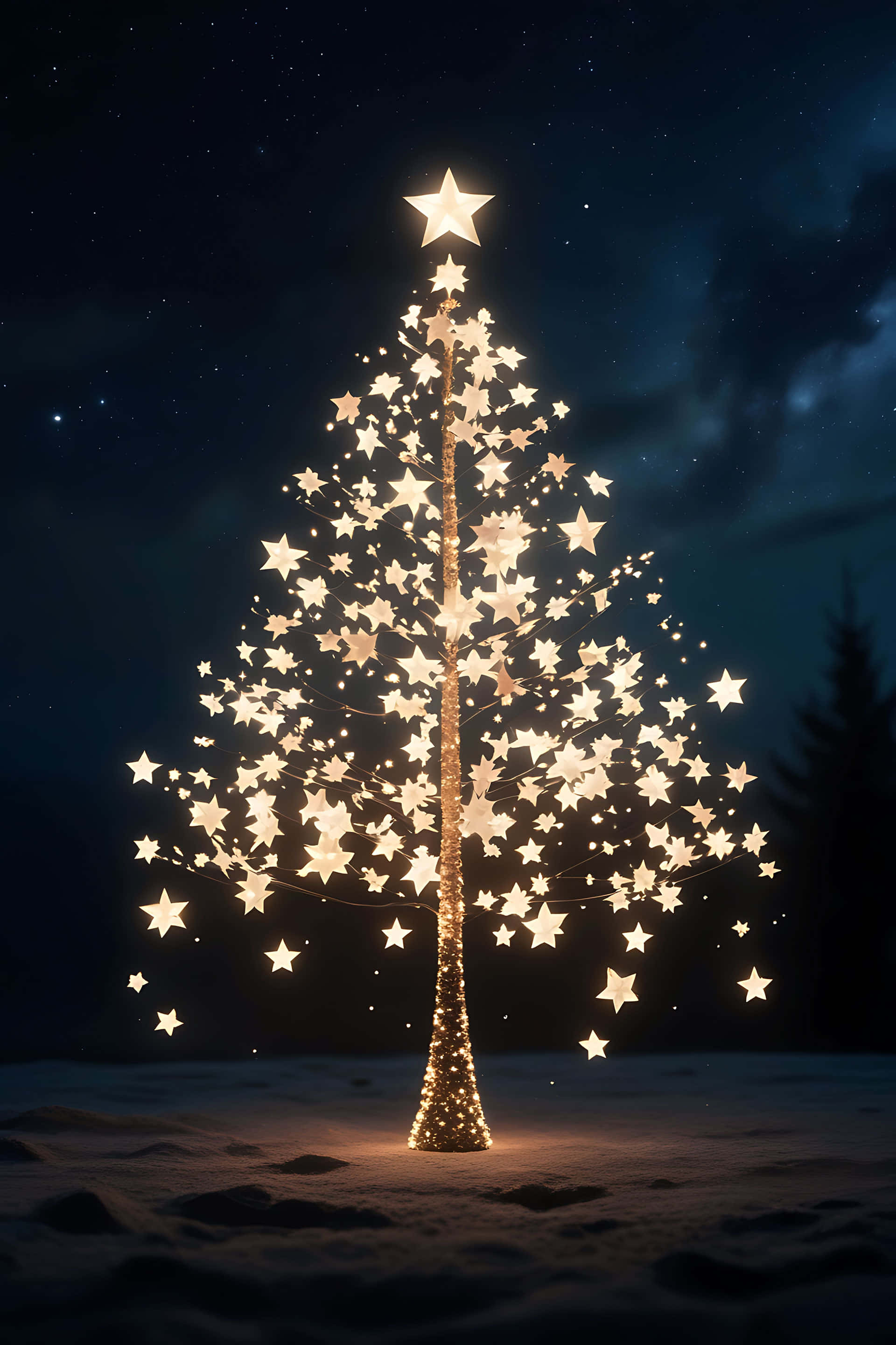 star-shaped tree, snow, starry night sky, 2K Phone Wallpaper
