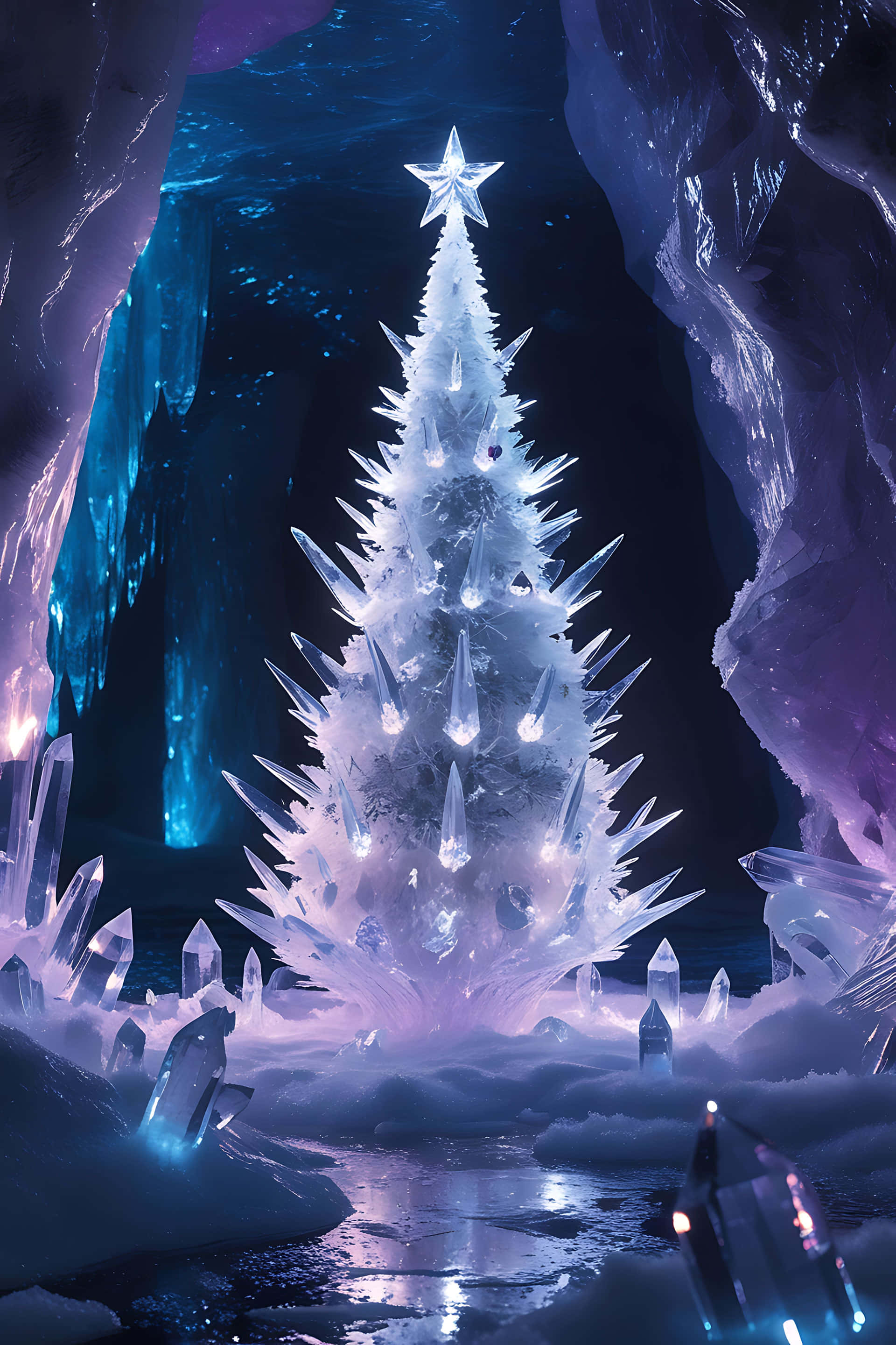 ice christmas tree, enchanted cave, glowing crystal Christmas tree, 2K Phone Wallpaper