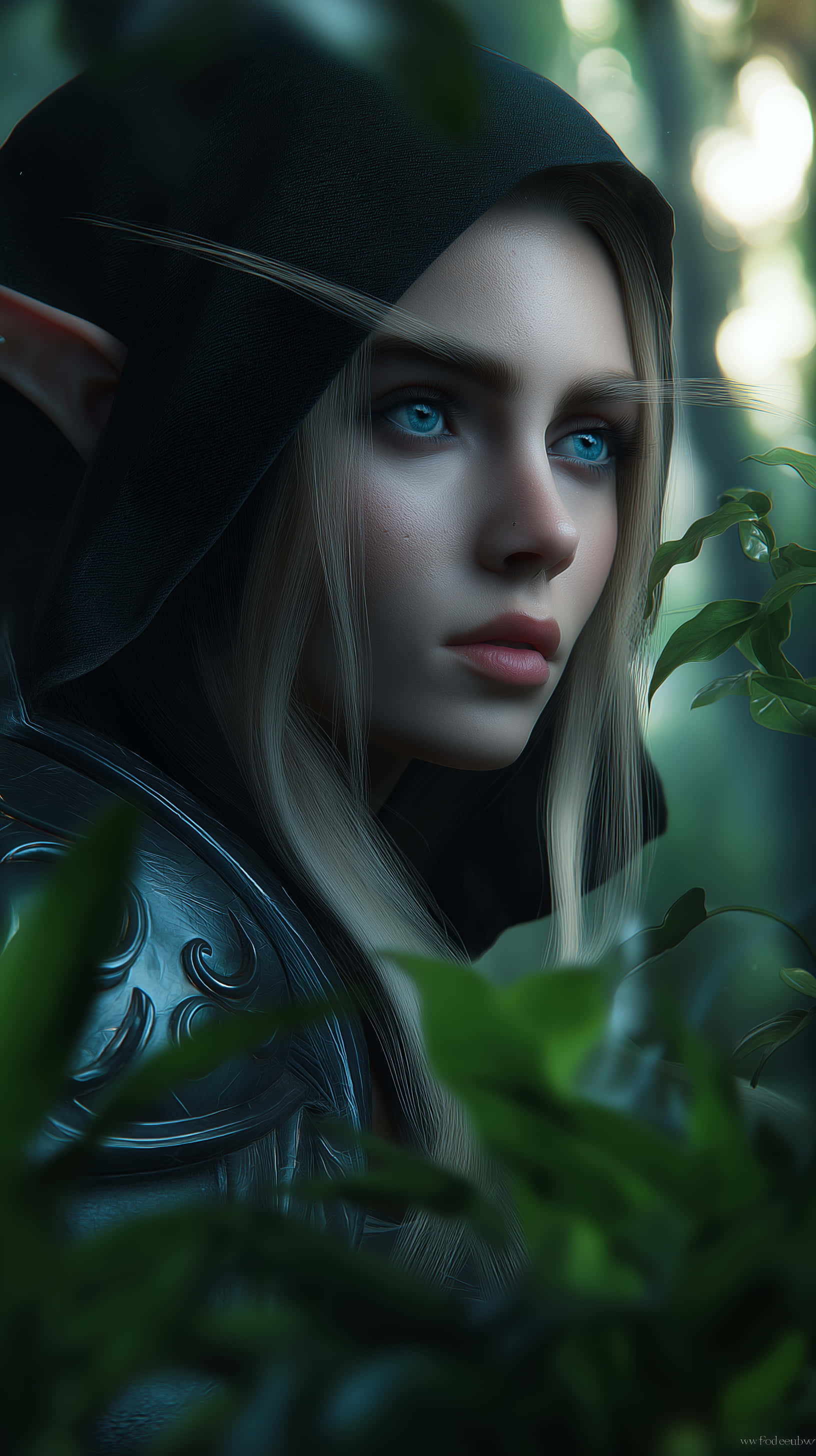 hooded elf, striking blue eyes, pointed ears, 2K Phone Wallpaper