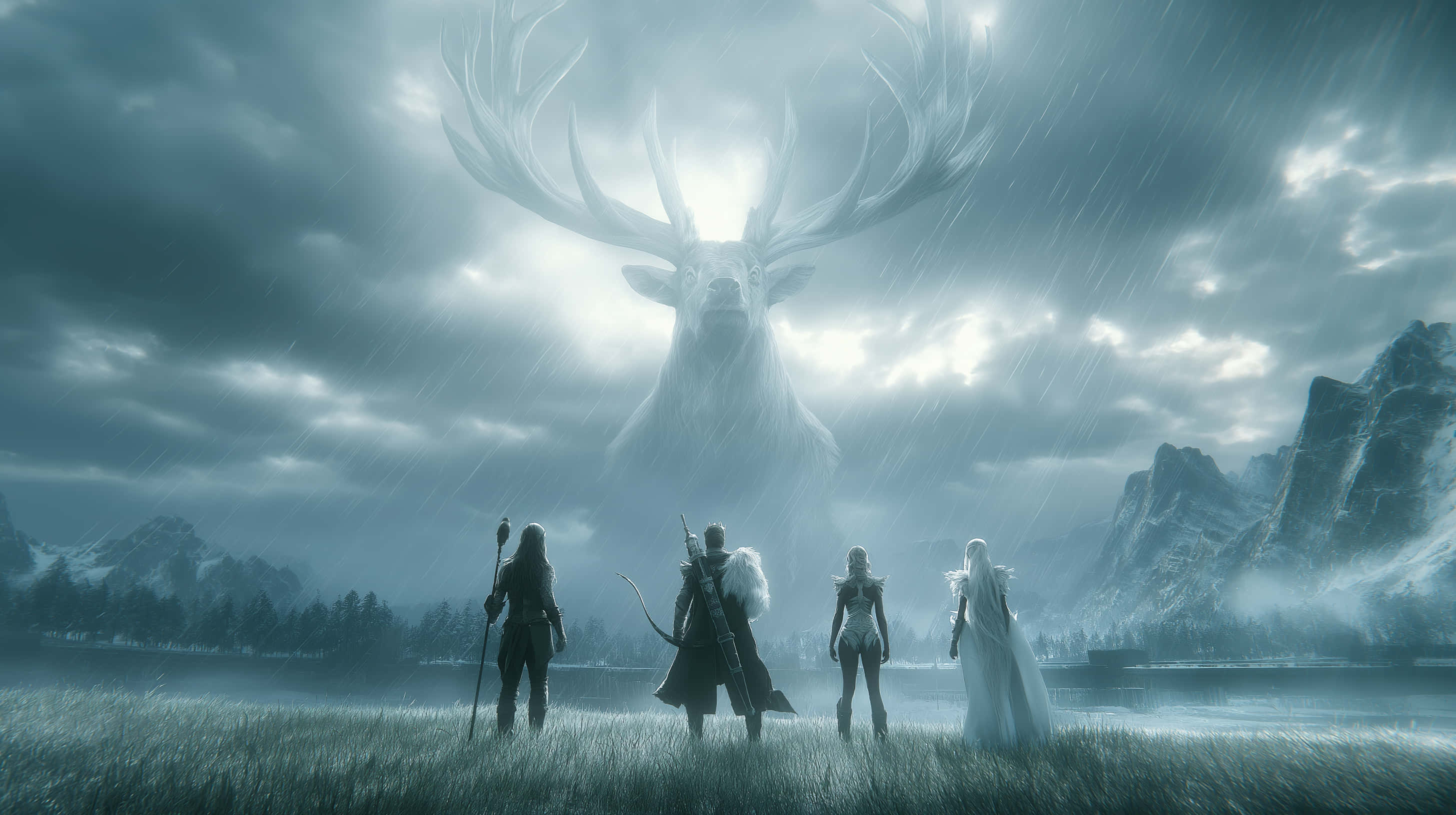 fantasy heroes, majestic spirit stag, rain soaked field, 2K Desktop Wallpaper