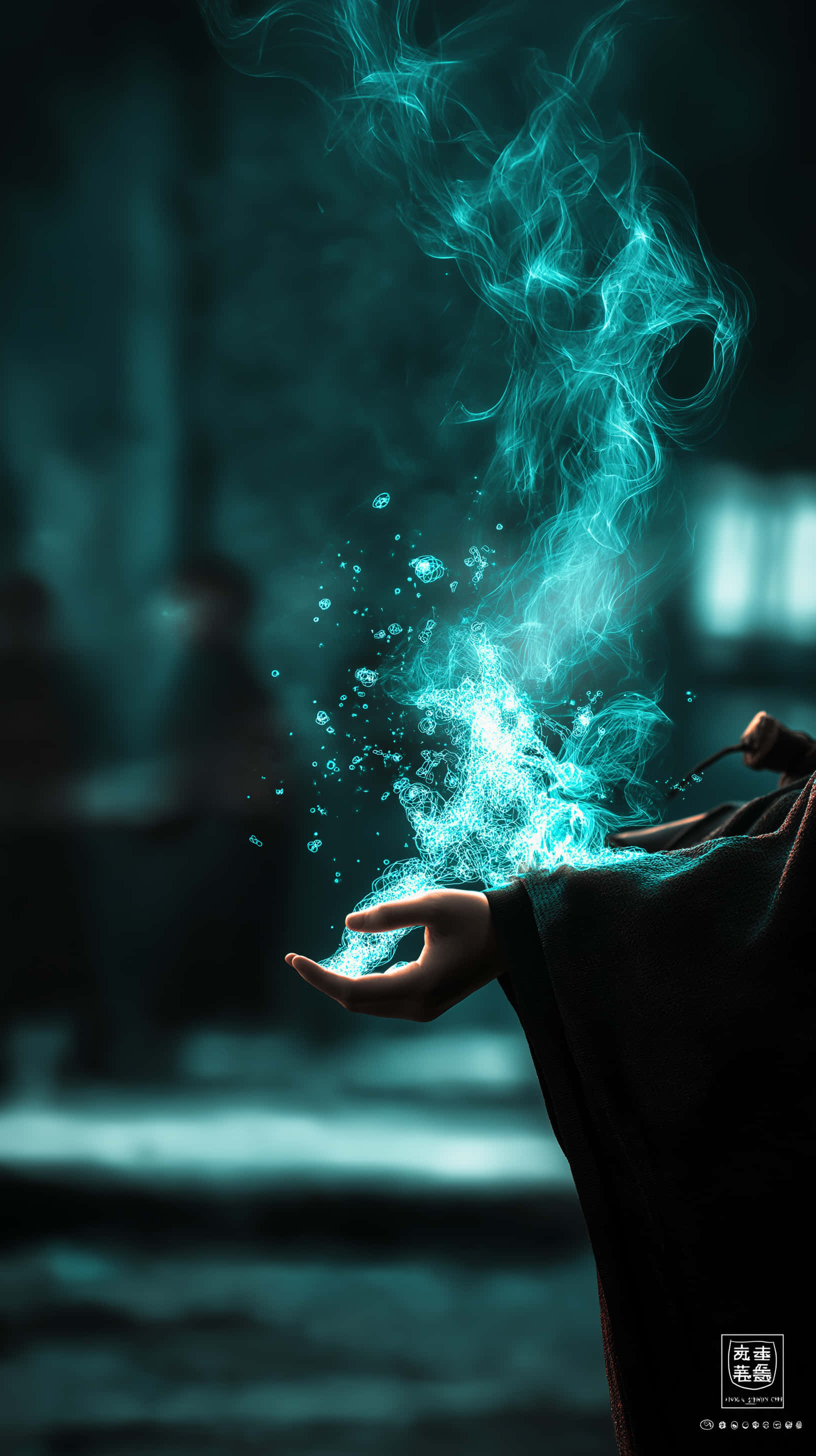mystical hand, swirling aqua blue magic energy, turquoise energy, 2K Phone Wallpaper