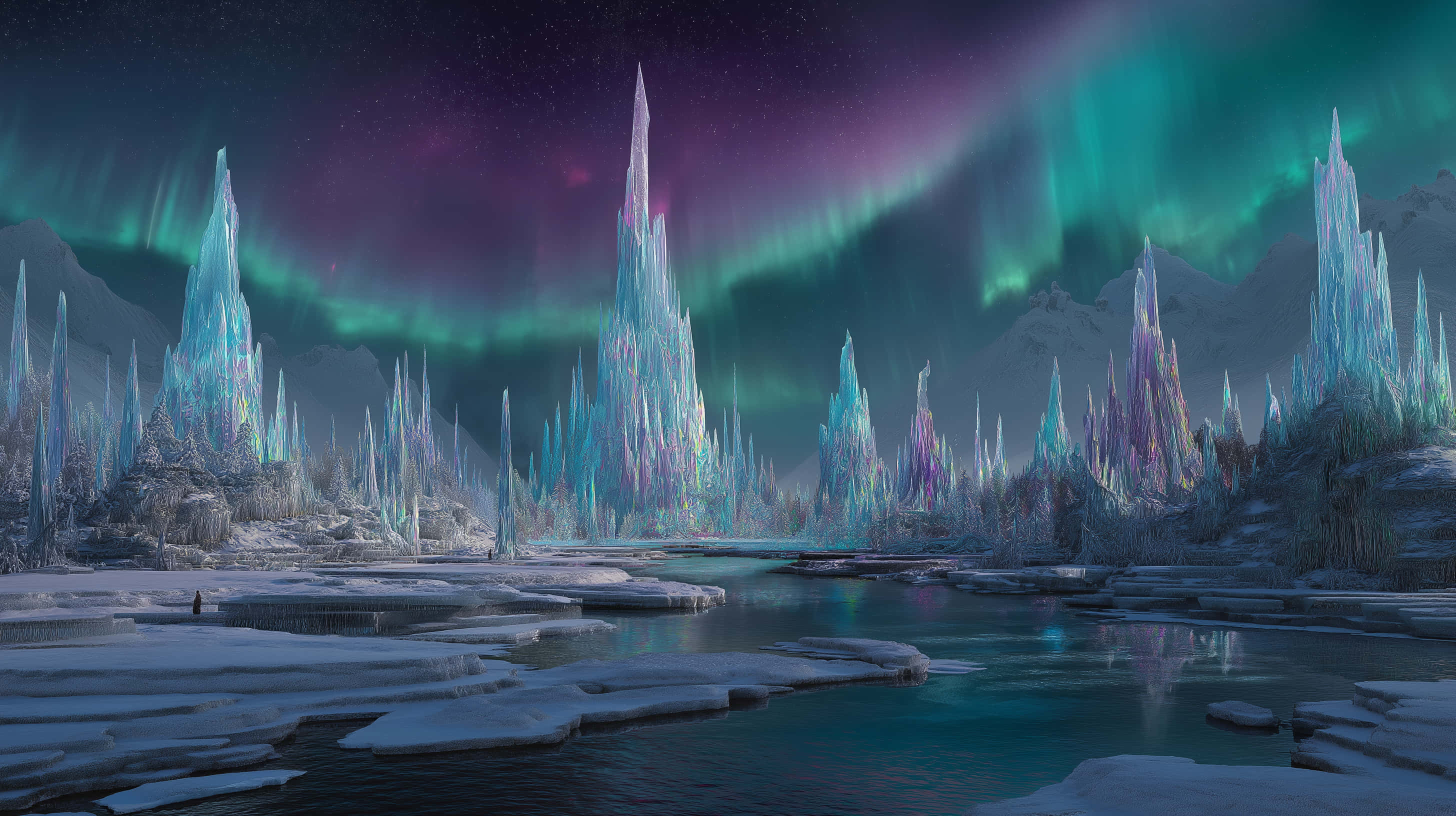 vibrant aurora borealis, crystalline spires, frozen landscape, 2K Desktop Wallpaper
