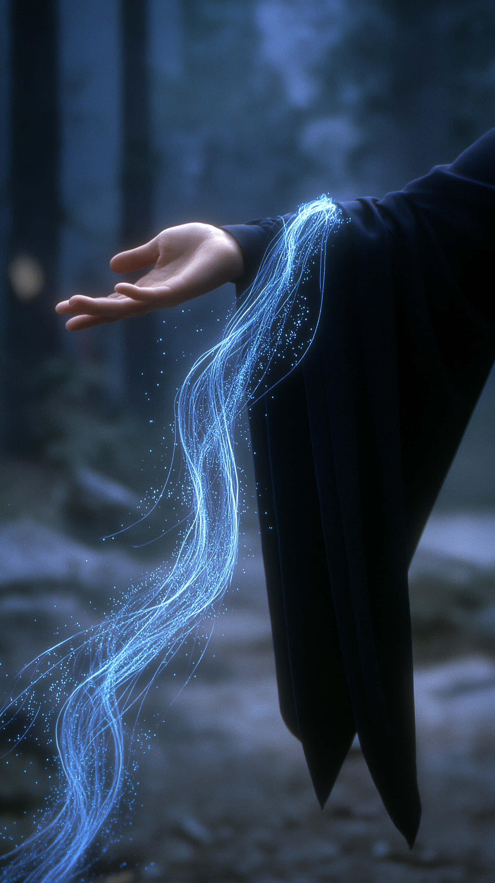 hand, dark robe, glowing blue energy strands, 2K Phone Wallpaper