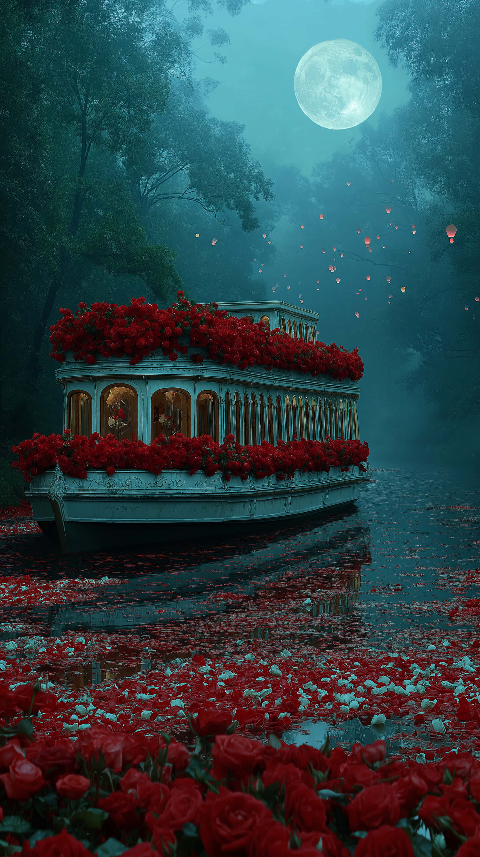 moonlit riverboat, red roses, misty forest, 2K Phone Wallpaper