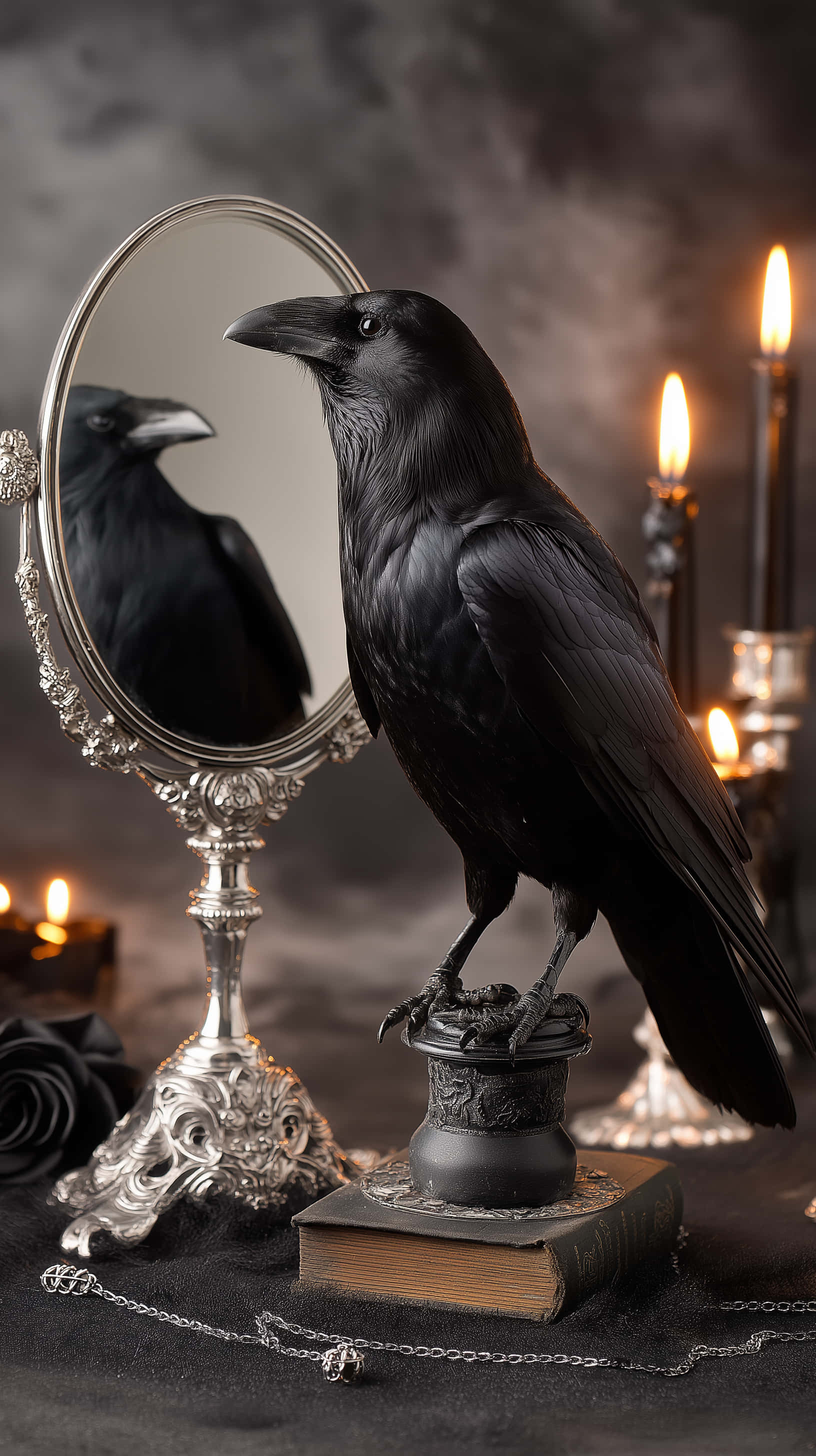 raven, ornate silver mirror, flickering candles, 2K Phone Wallpaper