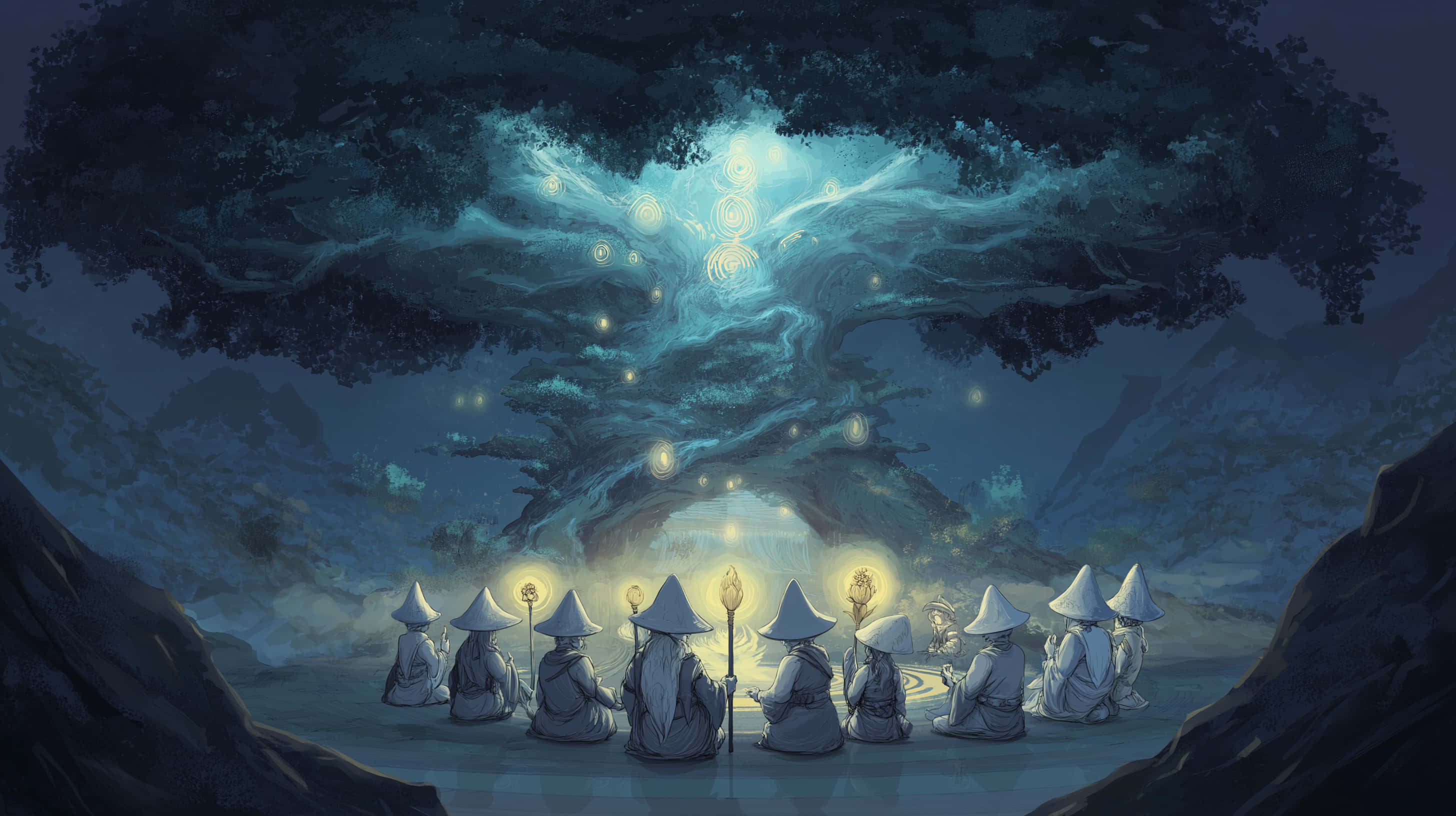 mystical council, ancient luminous tree, misty cavern, 2K Desktop Wallpaper