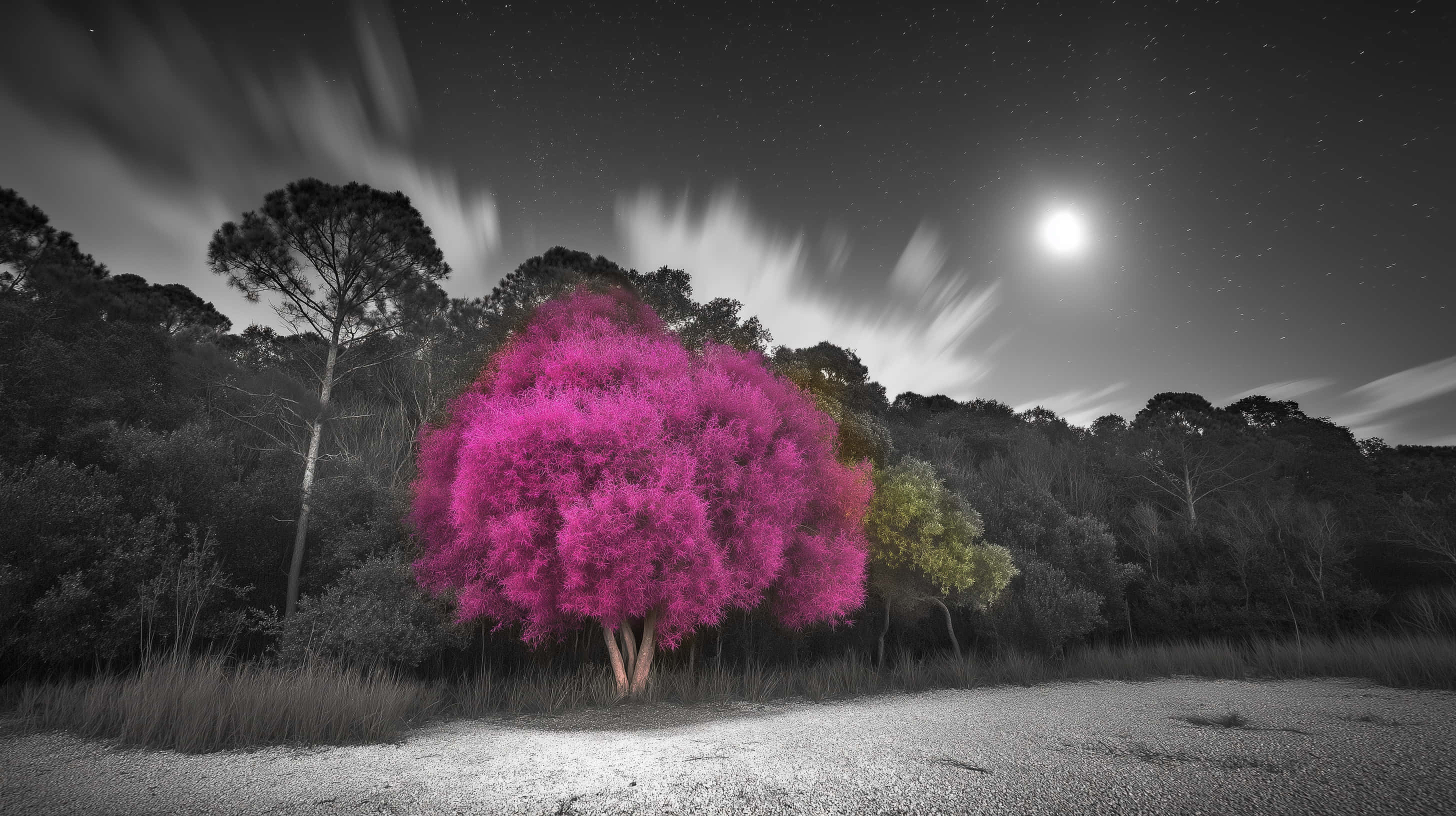 autumn moonlit meadow, vibrant pink tree, black and white night landscape, 2K Desktop Wallpaper