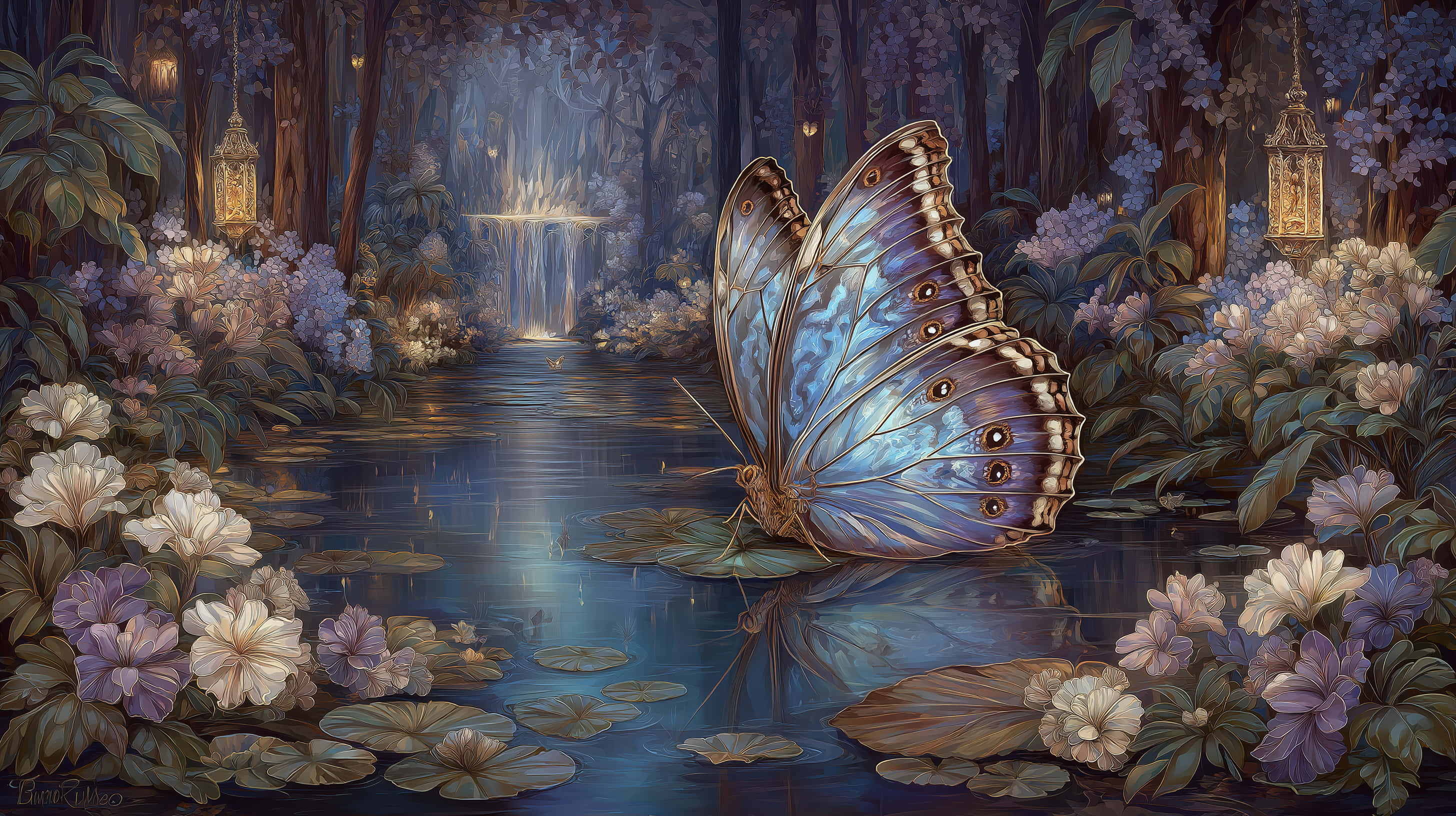 blue morpho butterfly, lily pad, moonlit forest pond, 2K Desktop Wallpaper