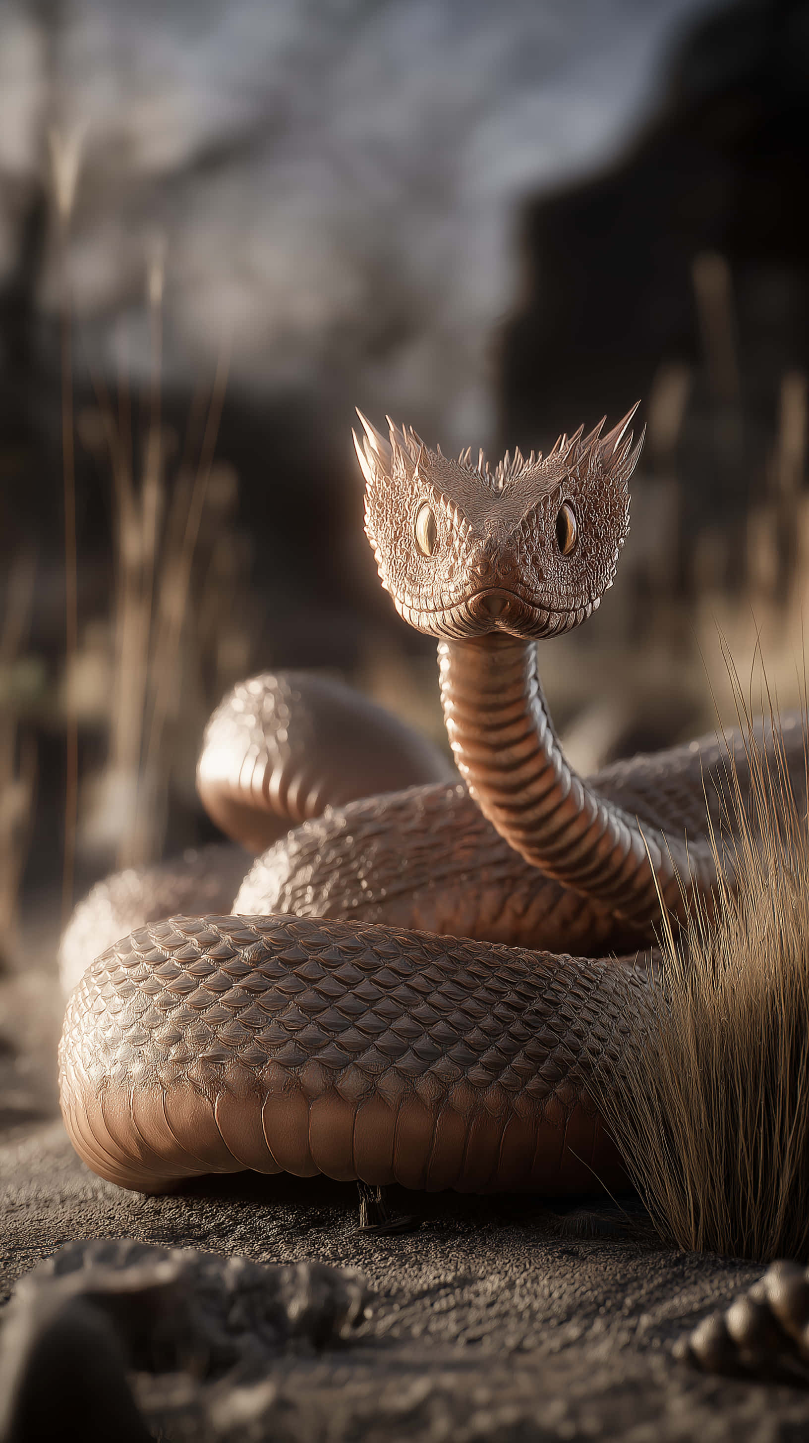 mystical desert serpent, dragon-like features, spiky horned snake, 2K Phone Wallpaper