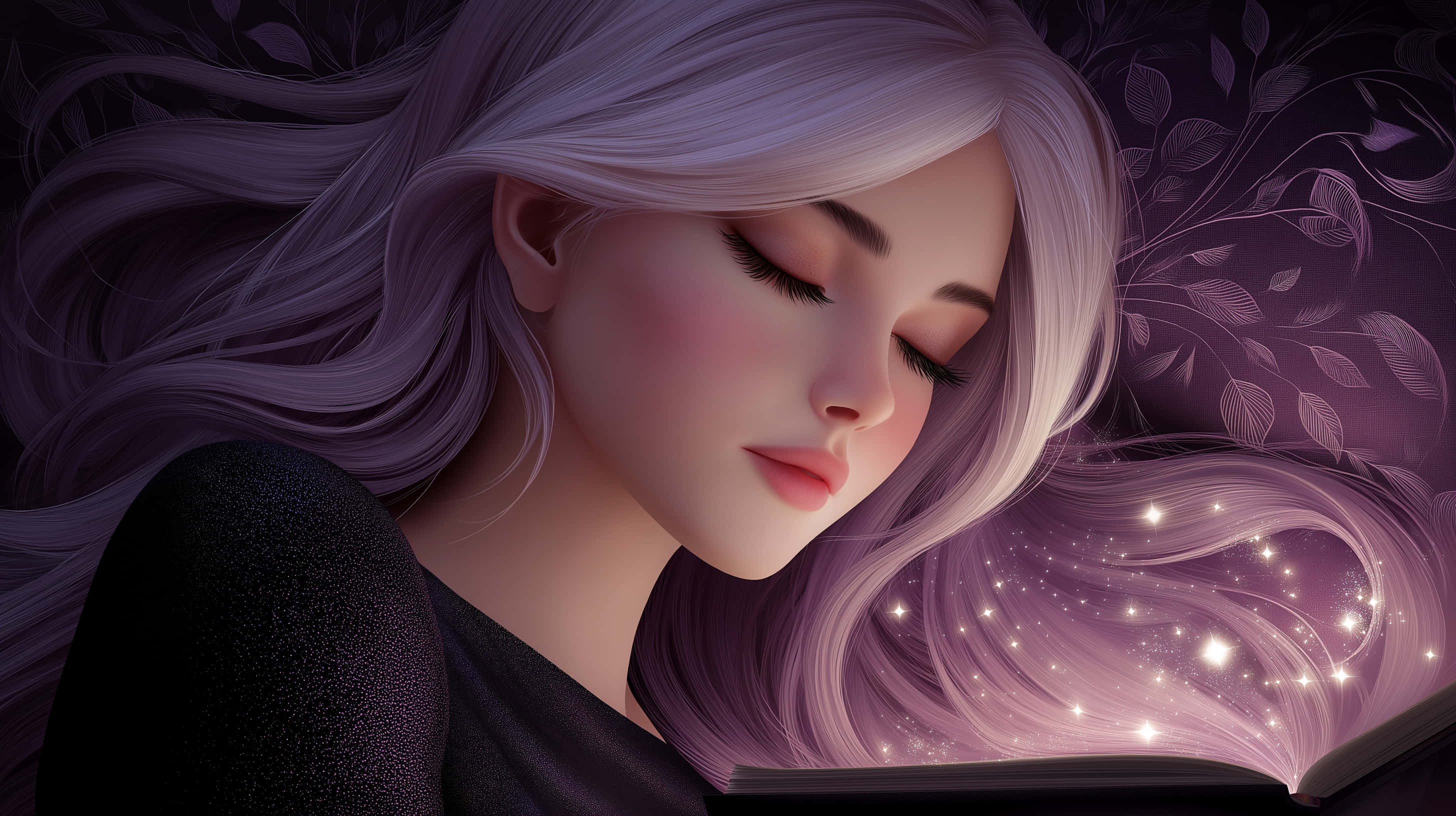 dreamy woman, magical book, glowing stars, 2K Desktop Wallpaper