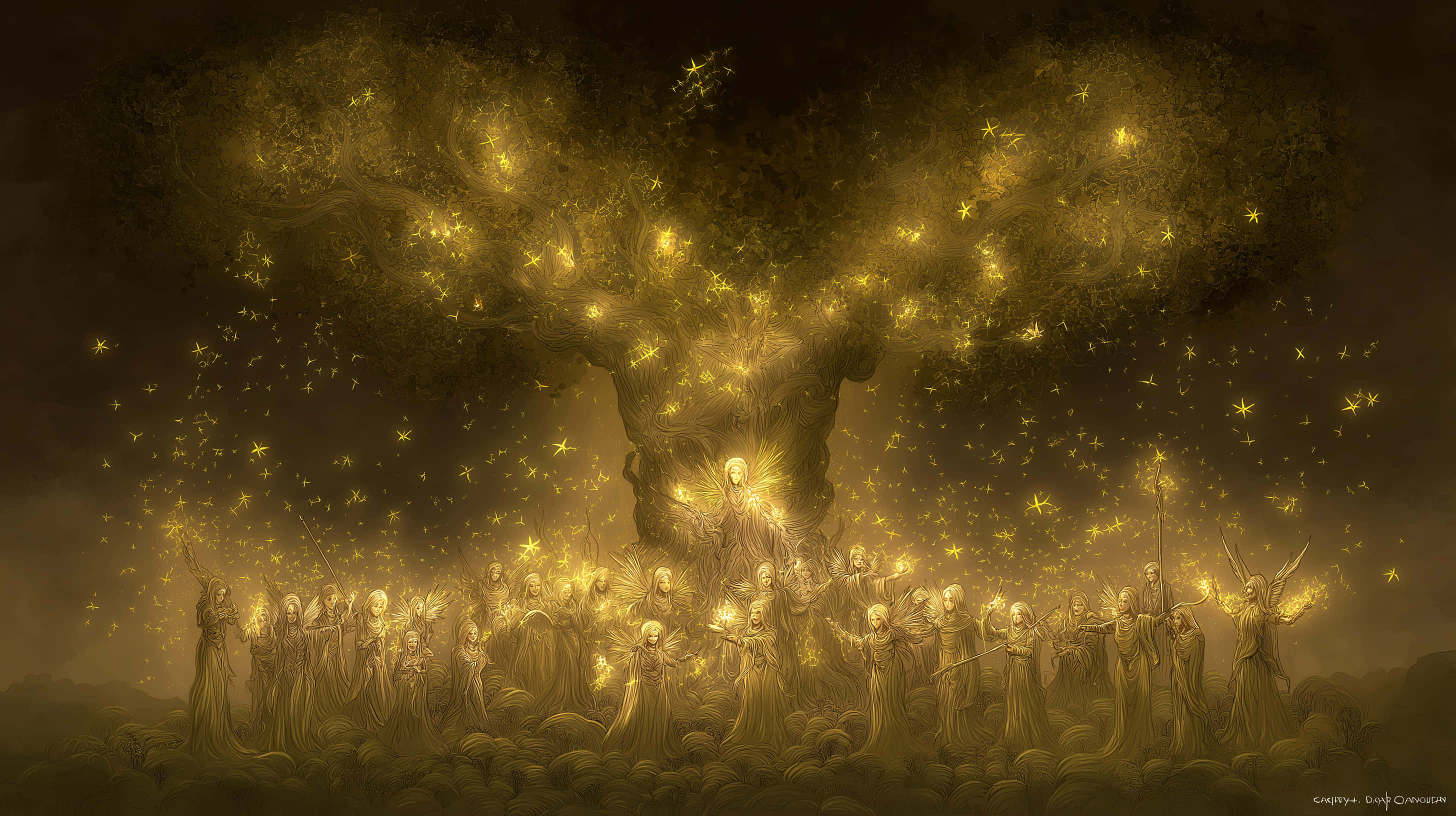 golden tree, glowing leaves, ethereal figures, 2K Desktop Wallpaper