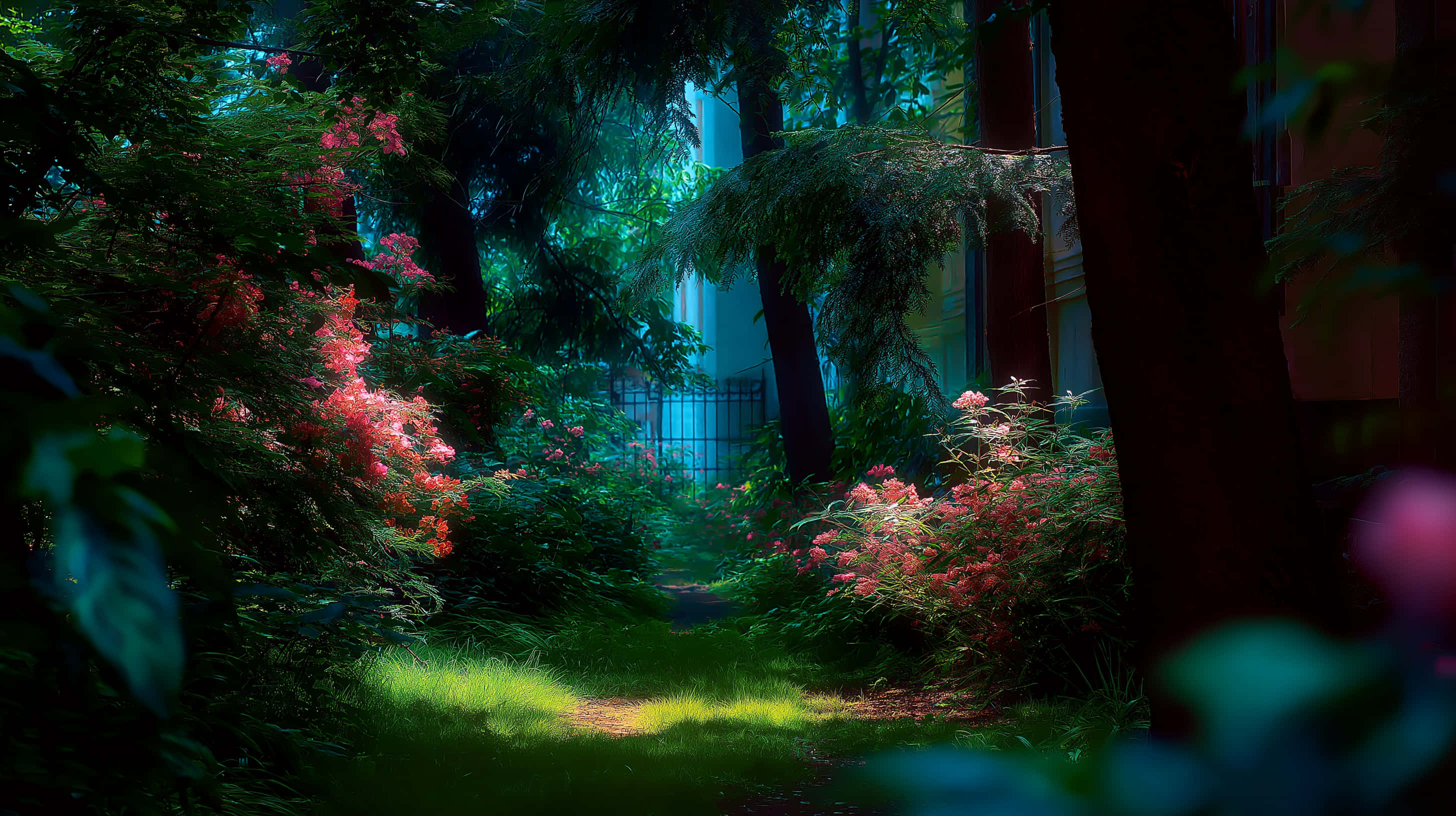 sunlit forest pathway, hidden gate, greenery, 2K Desktop Wallpaper