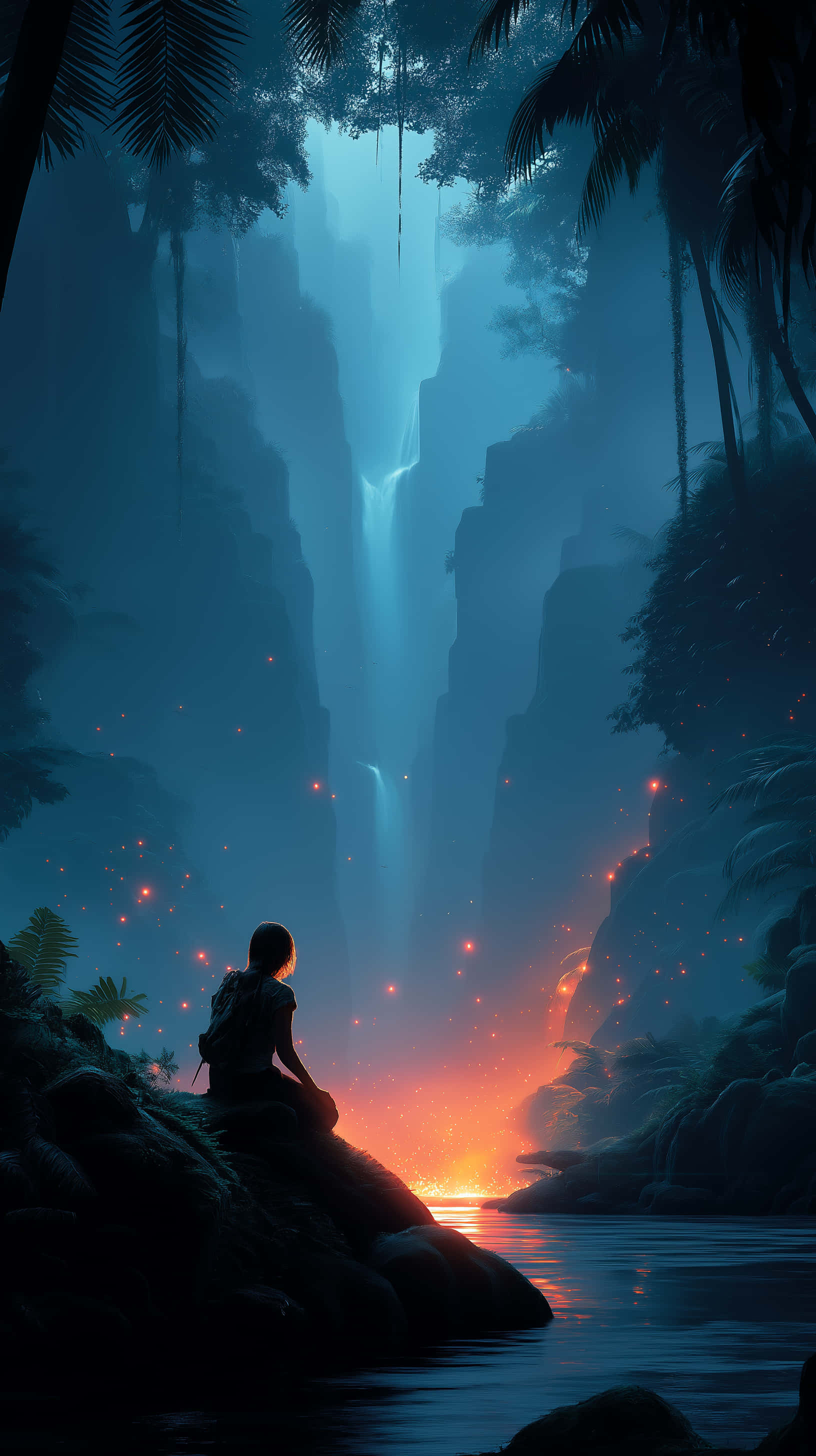 fiery waters, mystical gorge, glowing waterfall, 2K Phone Wallpaper