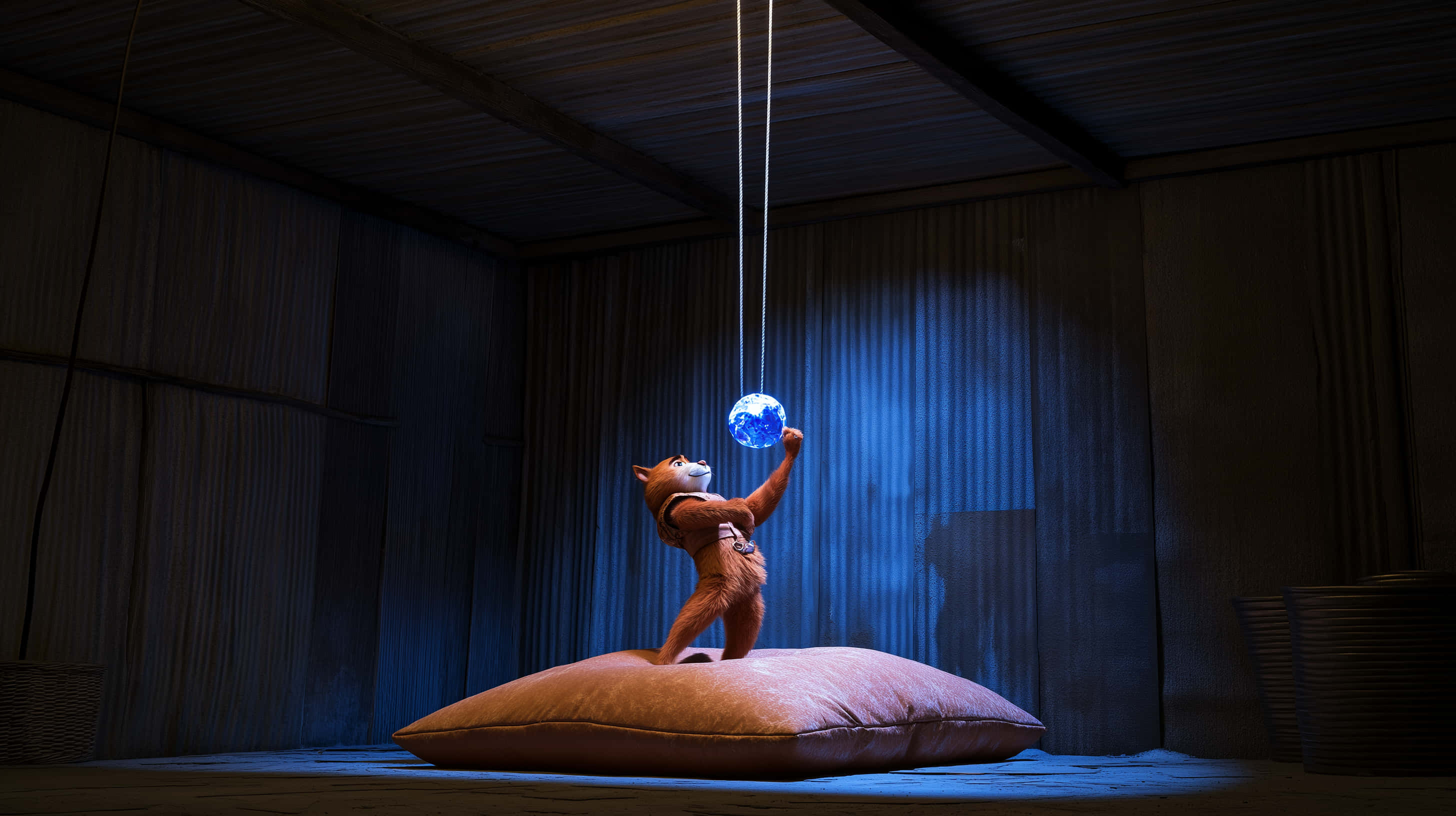 glowing blue orb, dimly lit wooden room, large pillow, 2K Desktop Wallpaper