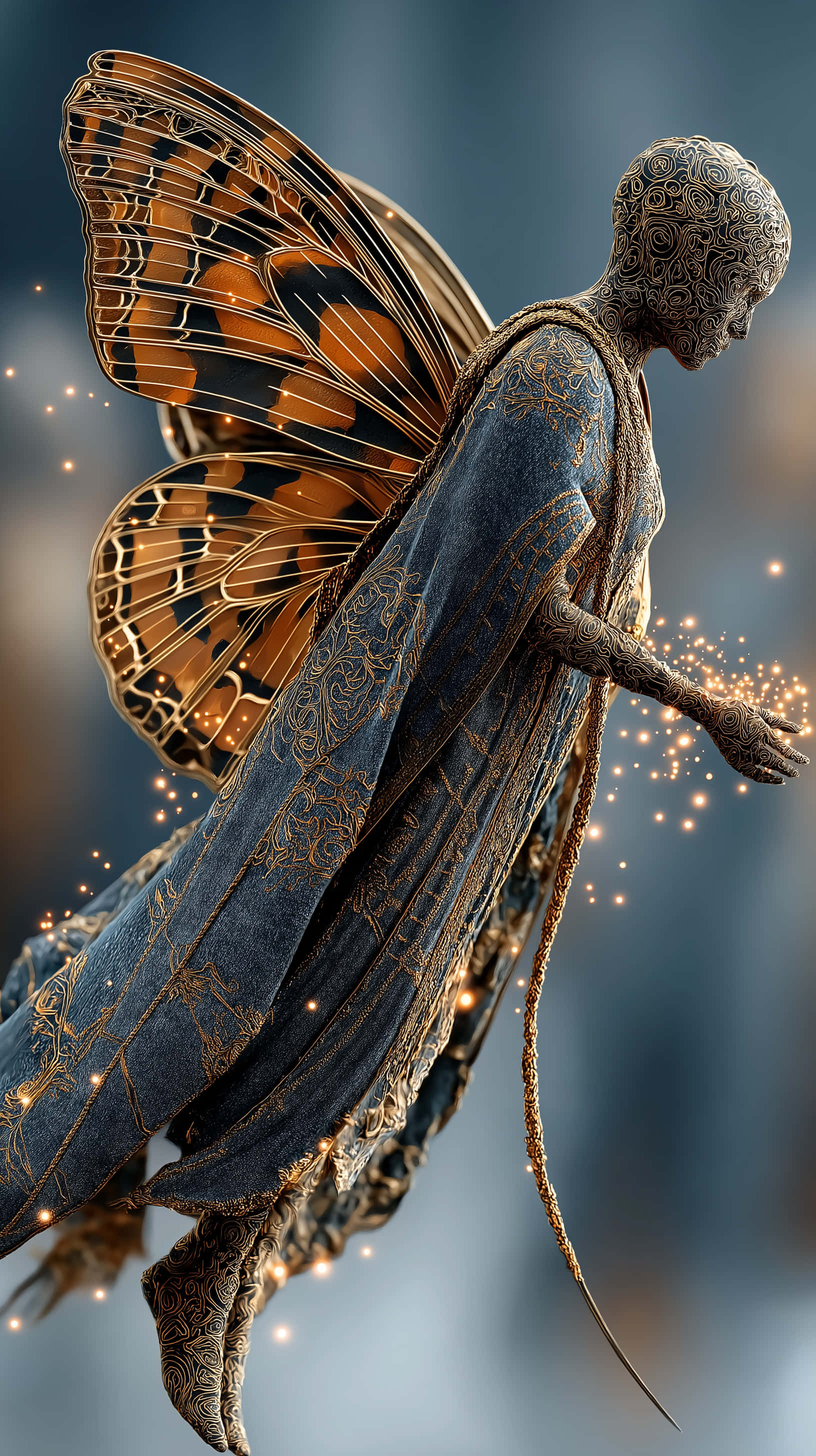 butterfly wings, golden filigree robes, glowing particles, 2K Phone Wallpaper