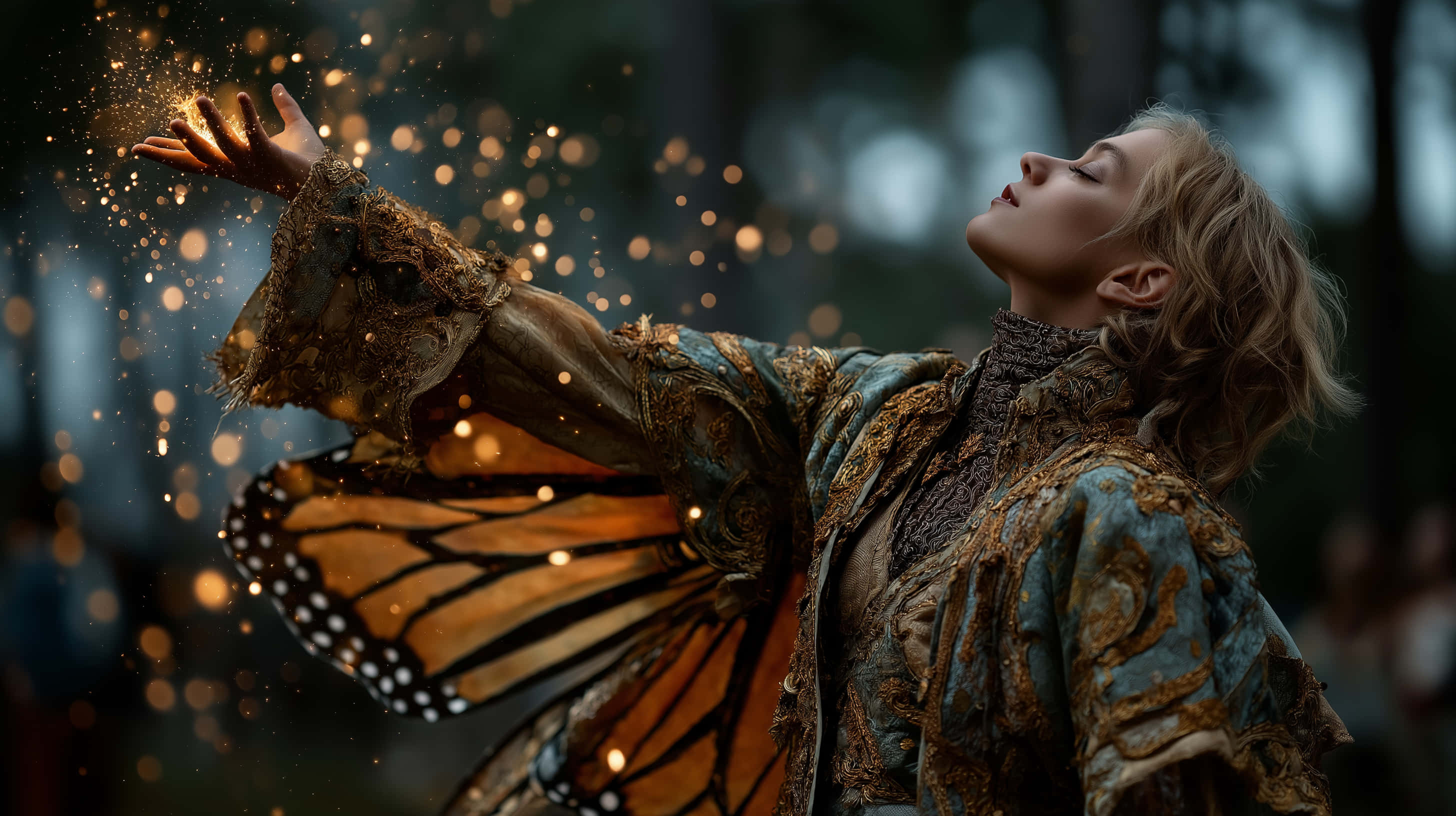 mystical butterfly mage, monarch butterfly wings, ornate blue and gold attire, 2K Desktop Wallpaper