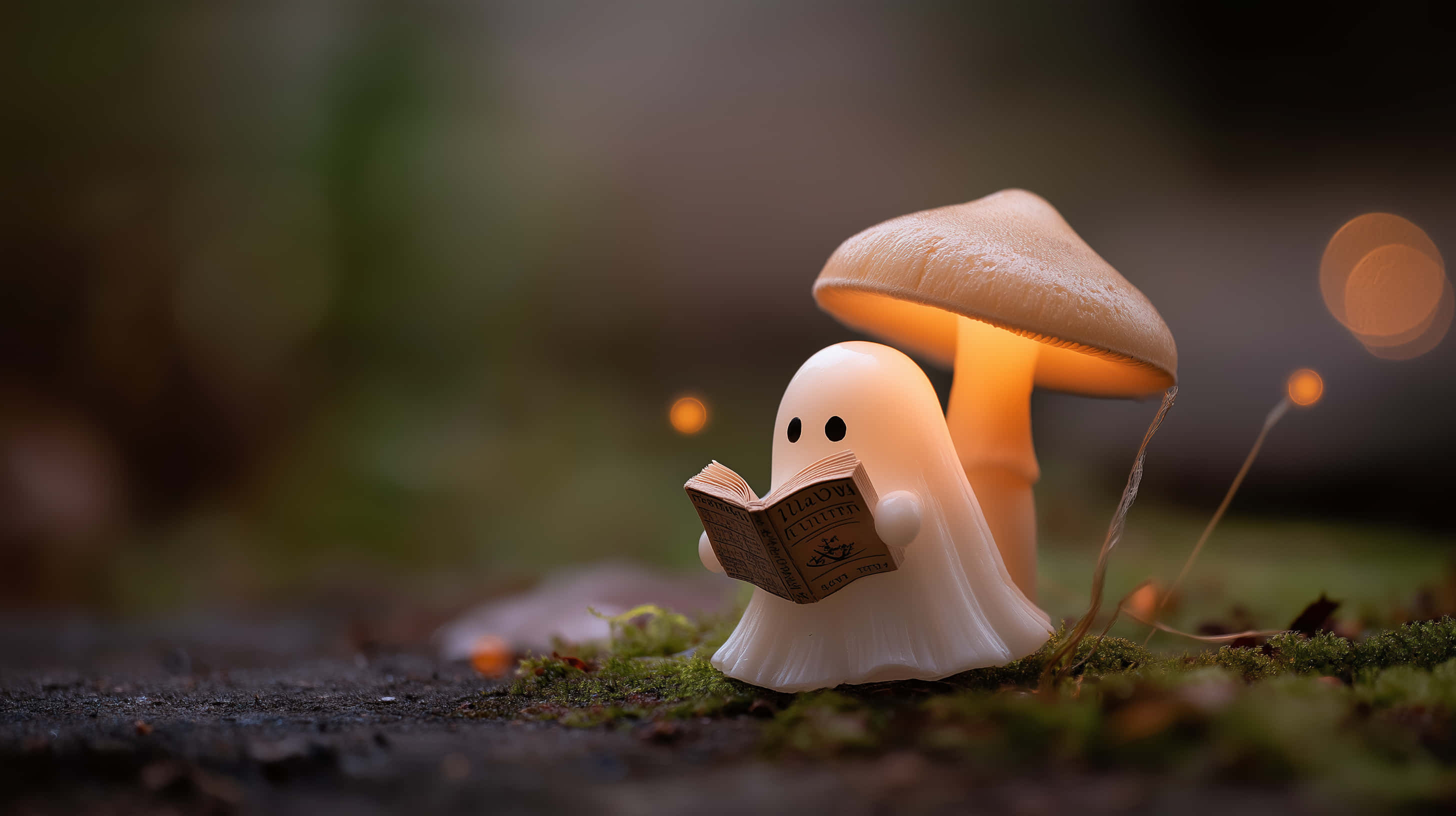 ghost figurine, glowing mushroom, mossy forest, 2K Desktop Wallpaper