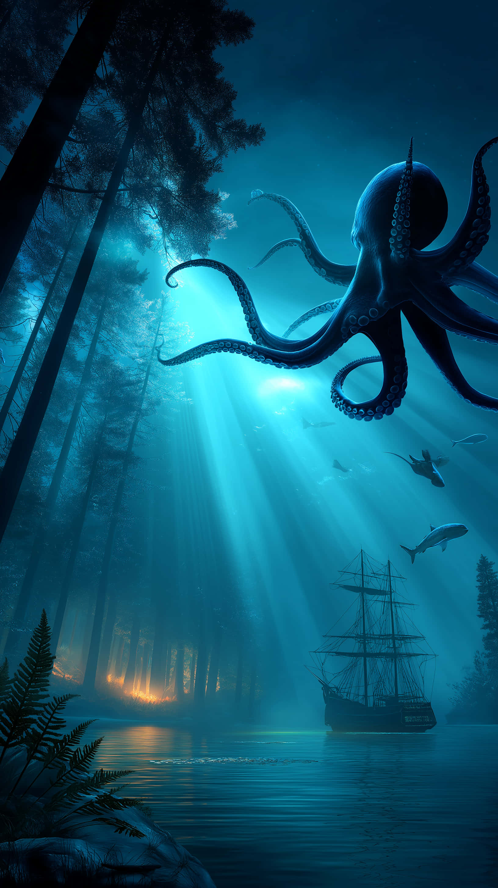 giant octopus, sunken ship, underwater forest, 2K Phone Wallpaper