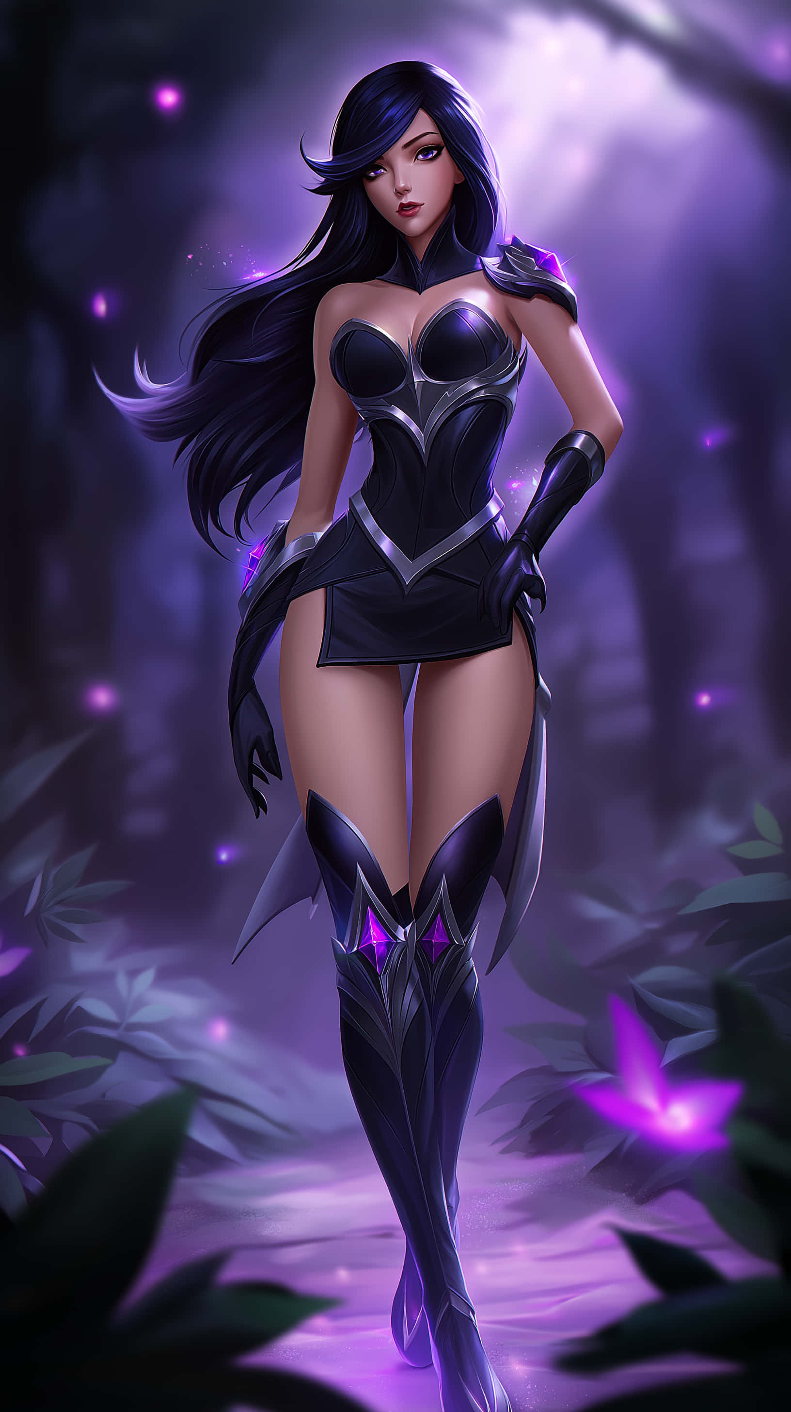 dark-haired woman, black armored outfit, glowing purple forest, 2K Phone Wallpaper